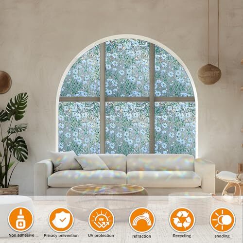 QHY Sunshine Privacy Window Film with Installation Tool 17.5 x 78.7 Leafy Daisy