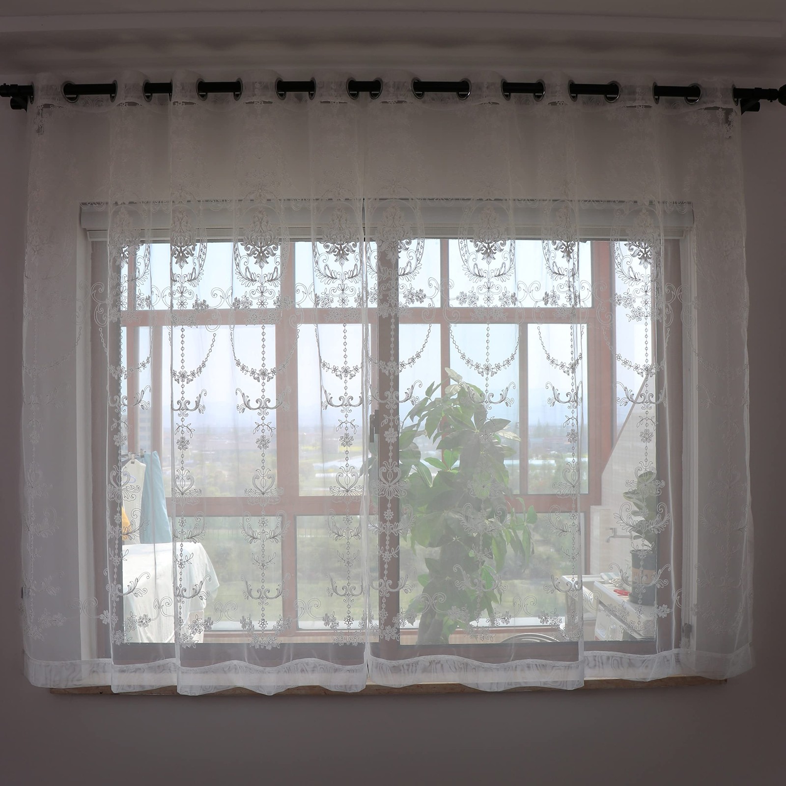 2 Panels White European Style Sheer Curtain Embroidered Window Curtains Europ…