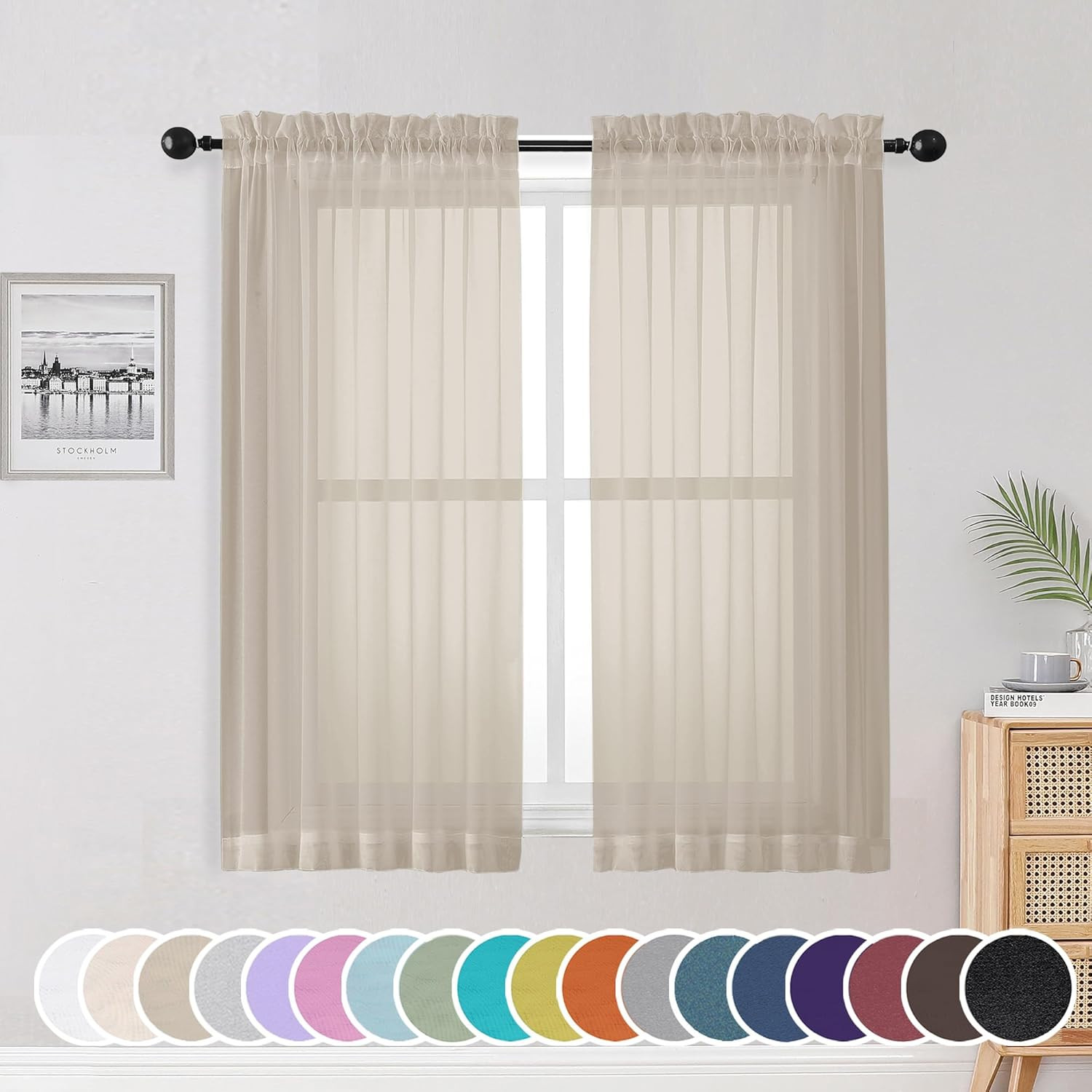 2 Pack Sheer Curtains 54 Inch Length 2 Panels Set Rod 42″W X 54″L Taupe New