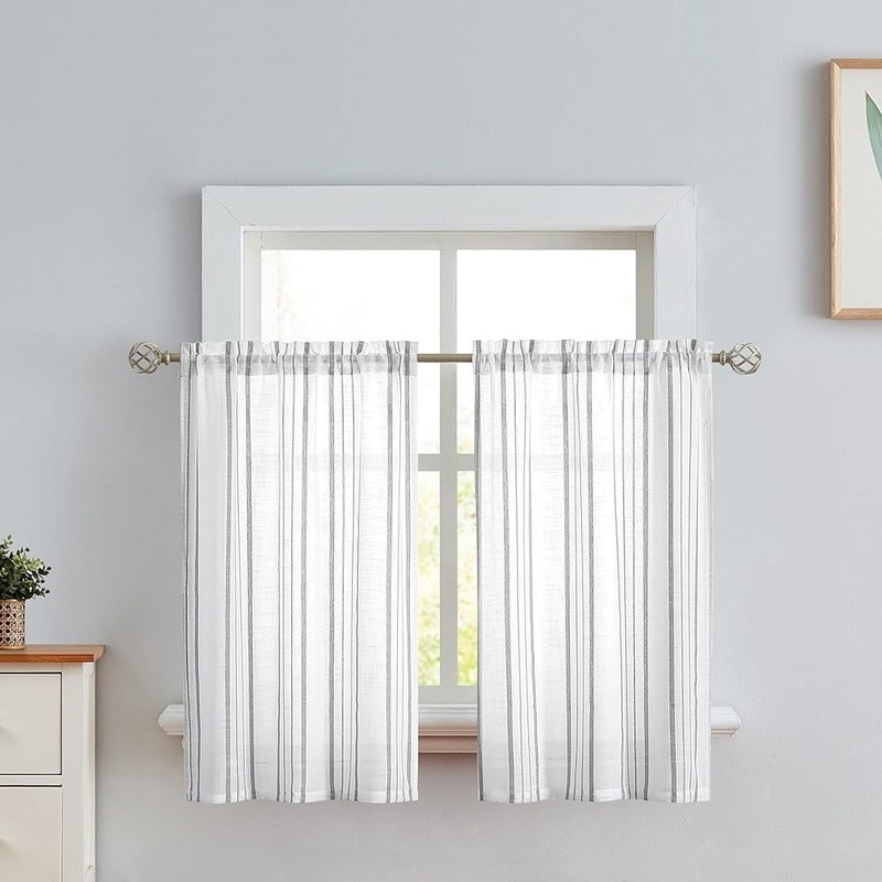 Wrinkle Free Heavy Sheer Curtains Woven Stripe Lightweight Pinstriped Panels New
