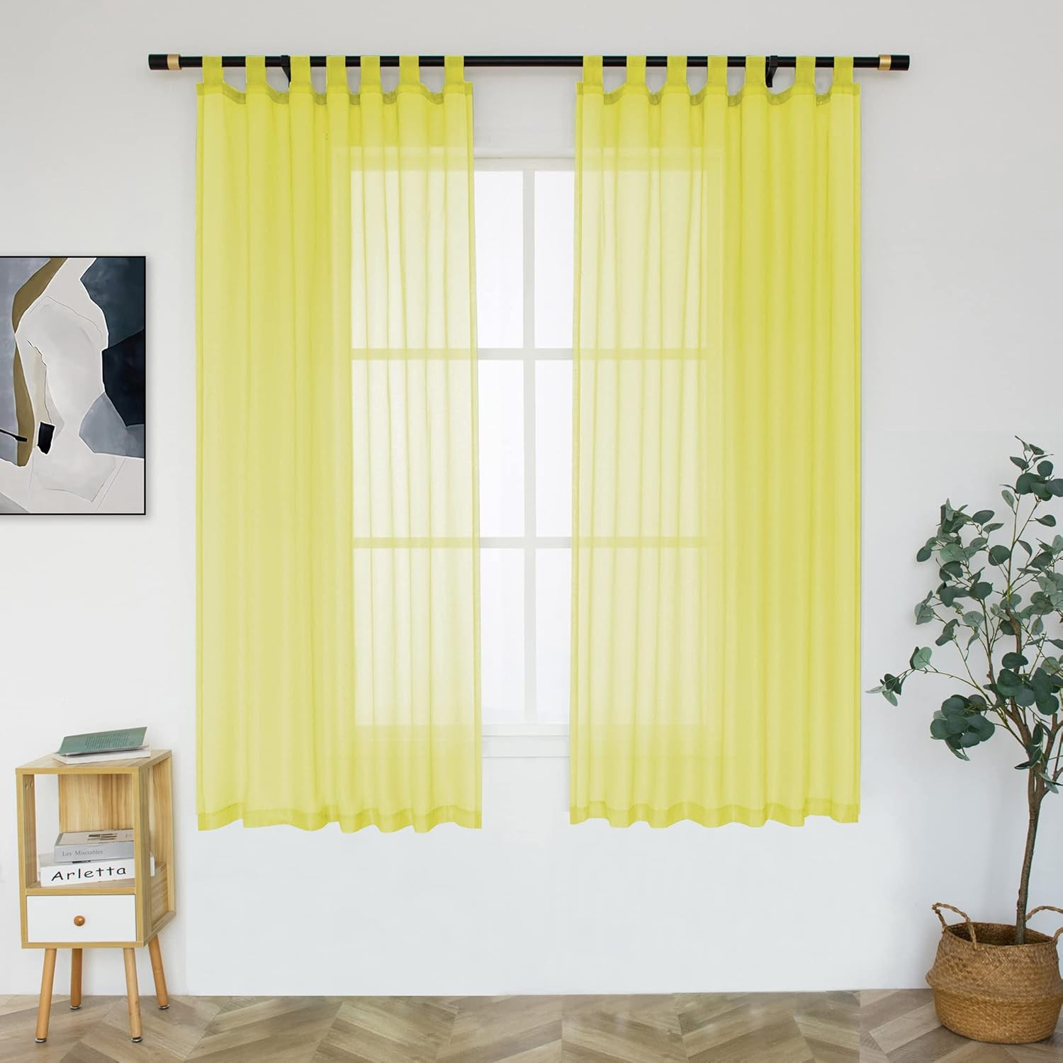 Yellow Sheer Curtains 63 Inches Long for Living Room Tab Top Semi Transparent Li