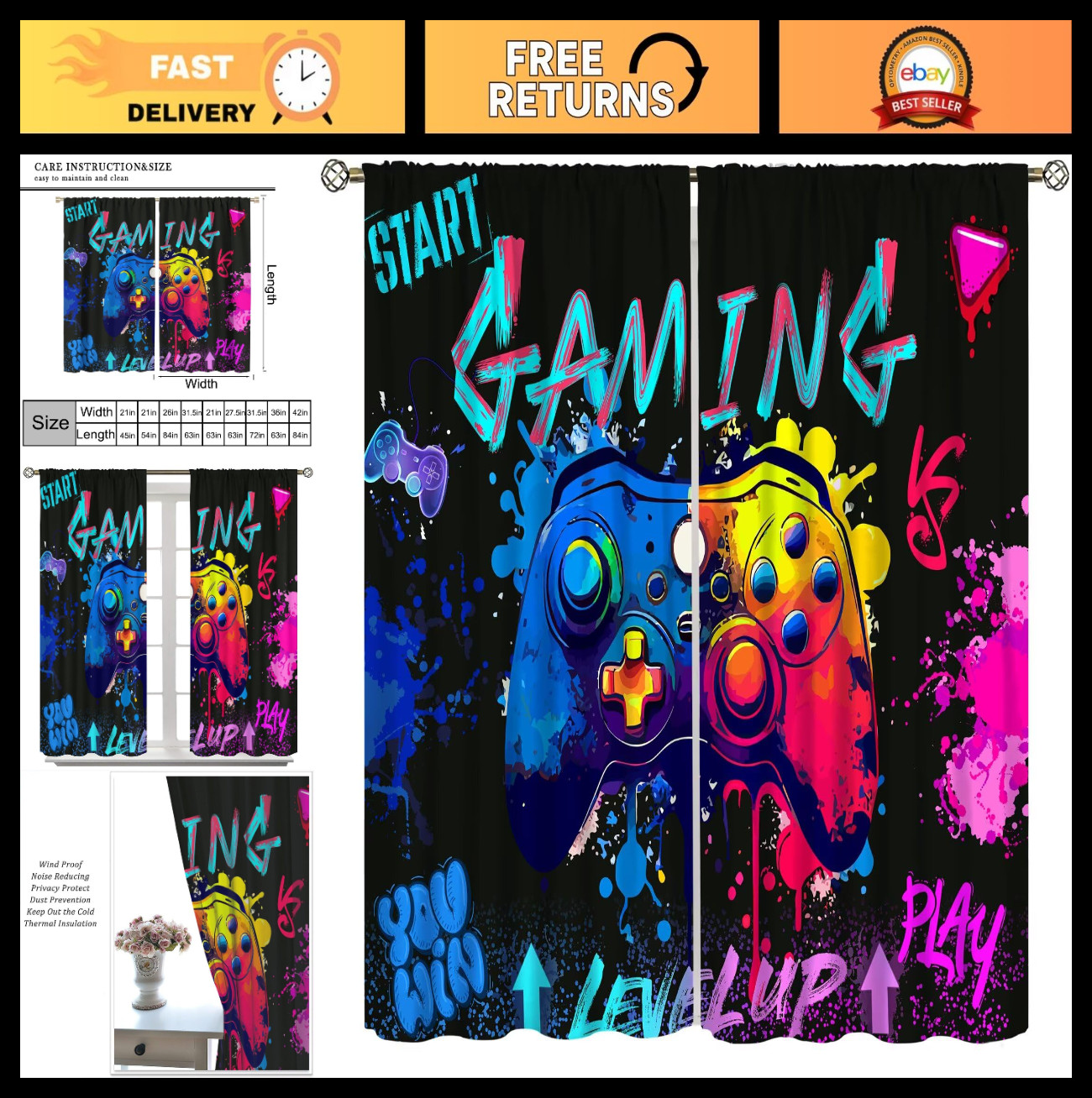 Colorful Gaming Curtains for Kids, Graffiti Gamepad Window Drapes 42×44 Inch