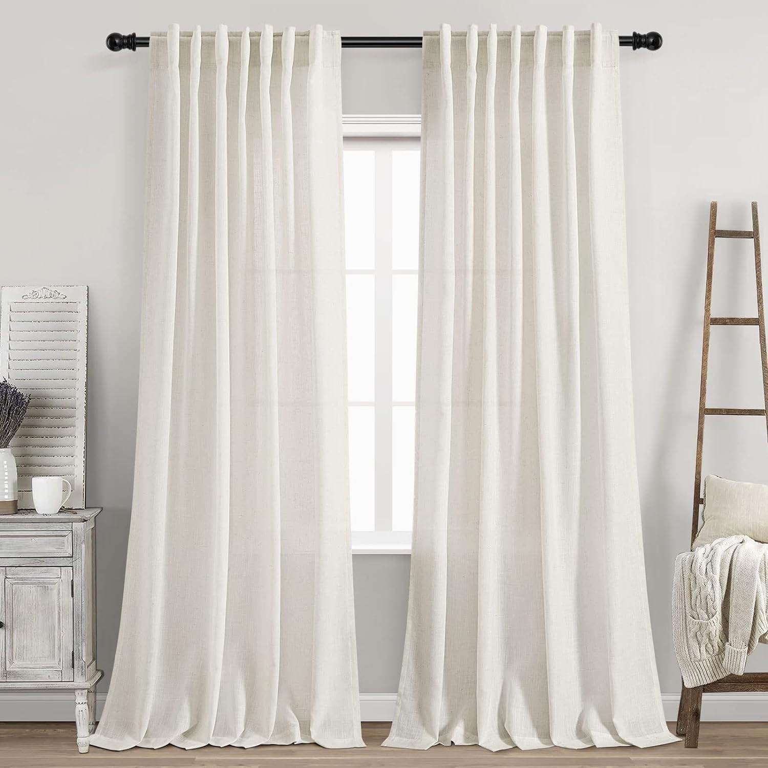 Cream Natural Linen Curtains 90 Inch Length 2 Panels Set for Living Room Rod Poc