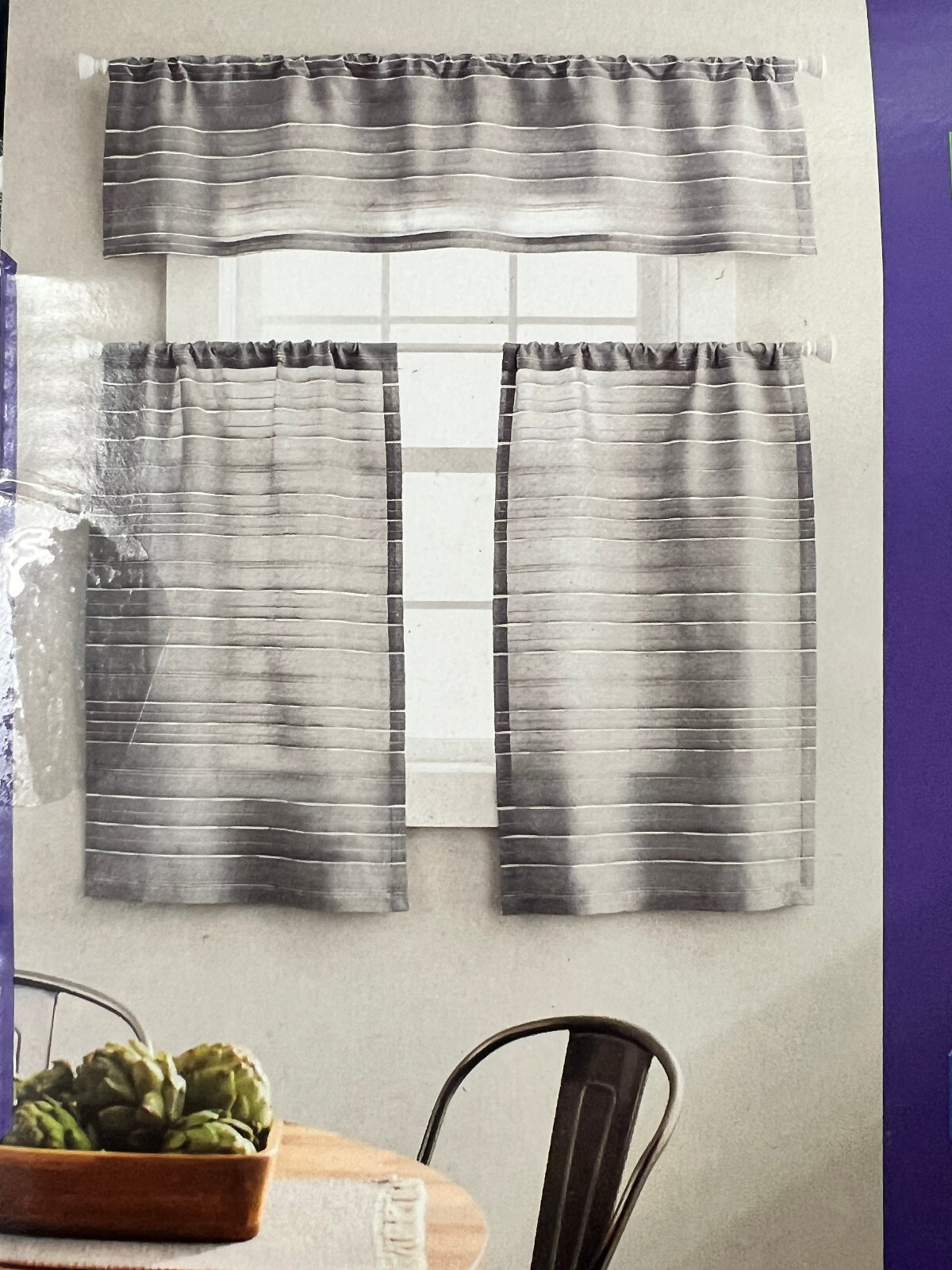 3-Piece SET Better Homes & Gardens 36″L x 60″W Small Window Curtain Gray Stripes