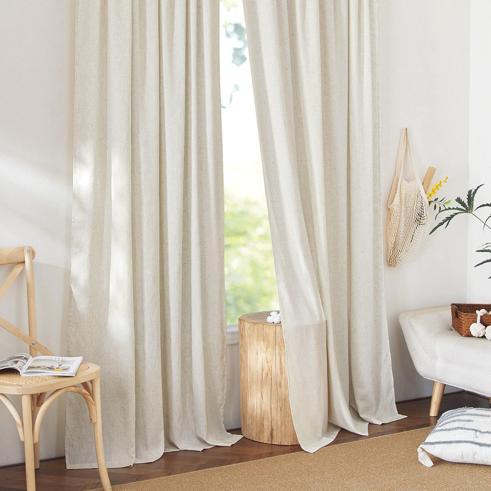 Natural Linen and polyester 102 inch Curtains for Bedroom, Back Tab & Rod Poc…
