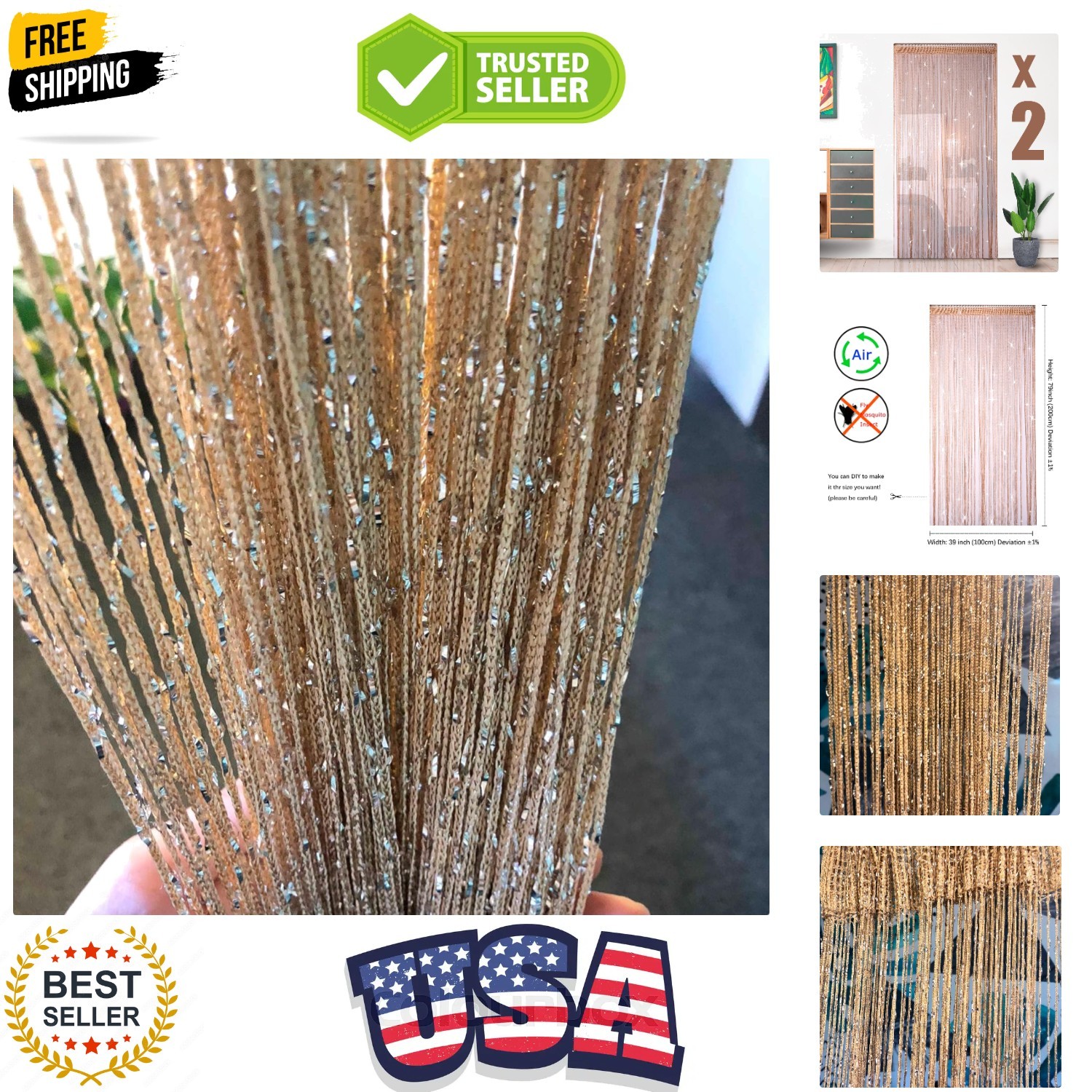 Elegant 2 Pack 39 x 79 Inch String Beaded Curtains – Champagne Boho Decor