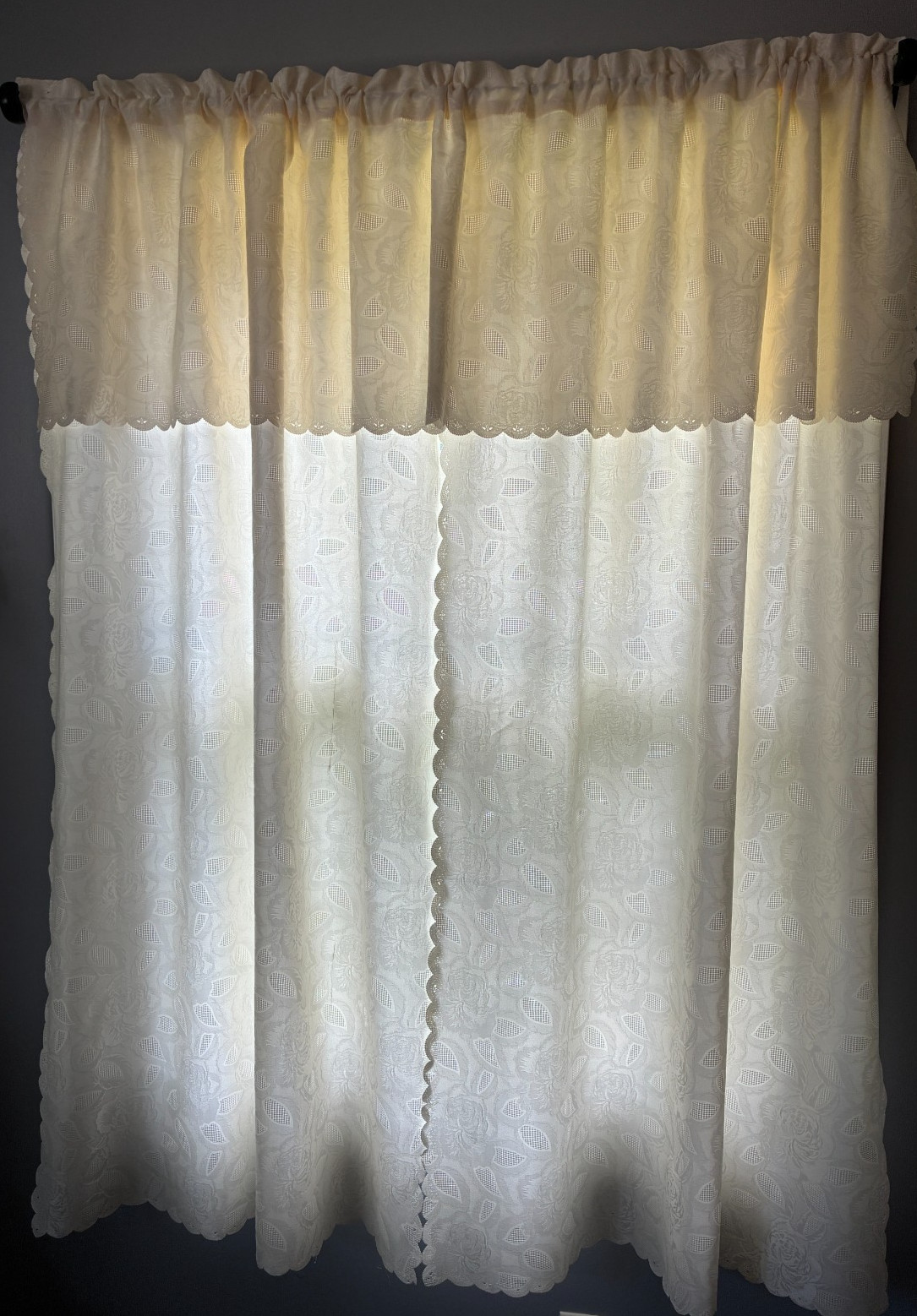 Ivory brocade scalloped curtain panels and valance 80W x 65L – one piece