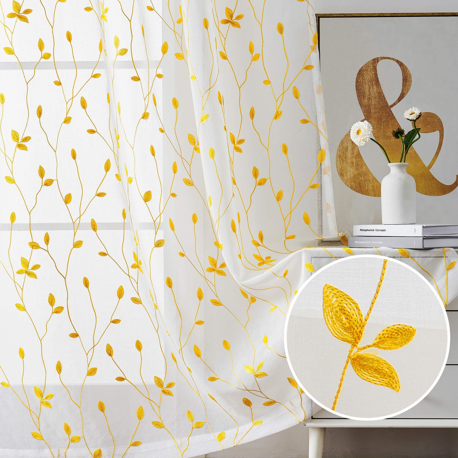 Autumn Yellow Leaf Sheer Curtains 63 Inch Length for Living Room, Rod Pocket …