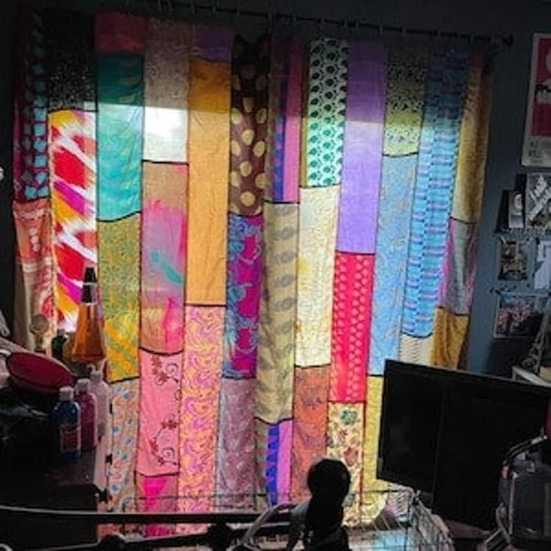 2 Pcs Indian Sari Patchwork Curtain Drape Window Decor Multi Silk Sari Curtain