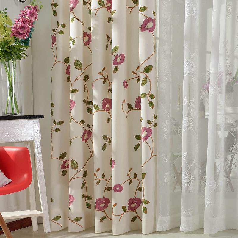 Vogol Linen Textured 60 Room Darkening Curtains For Bedroom Rural Style Floral