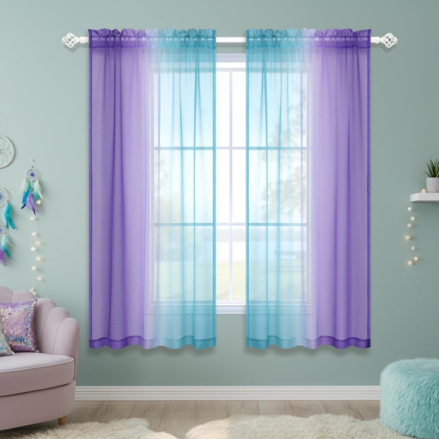Teal Purple Curtains 63 Inch Length for Girls Room Decor Set 2 Panel Pocket Wind