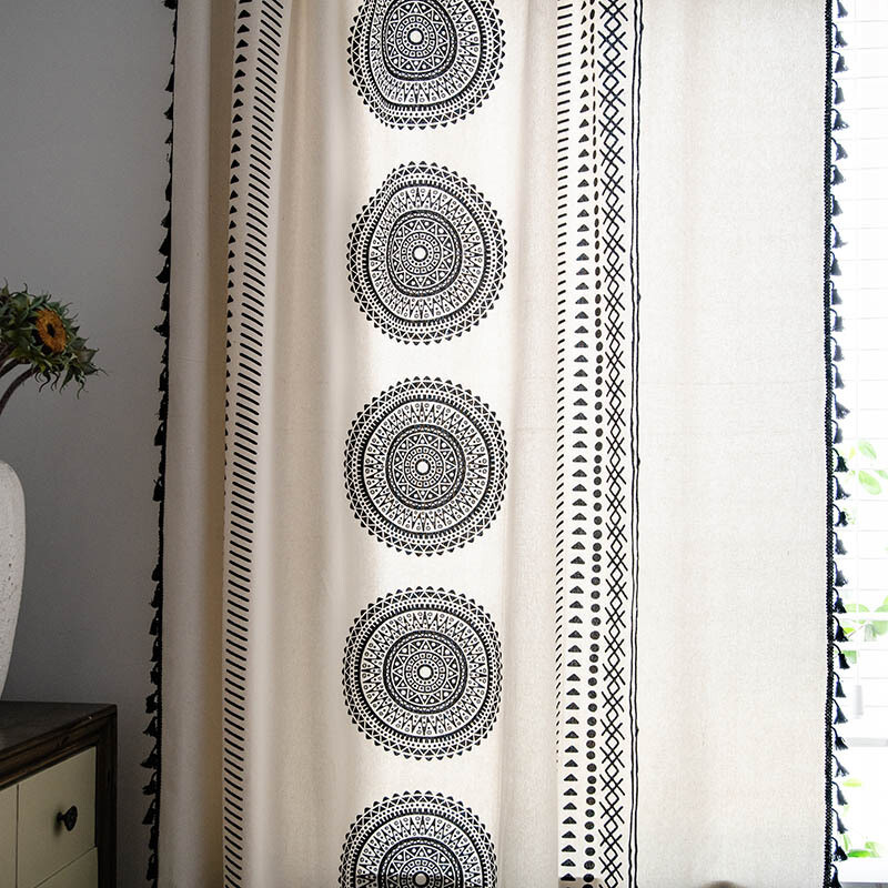 Cream Curtain Panels – Bohemian Style, Polyester-Cotton Blend, Semi-Blackout