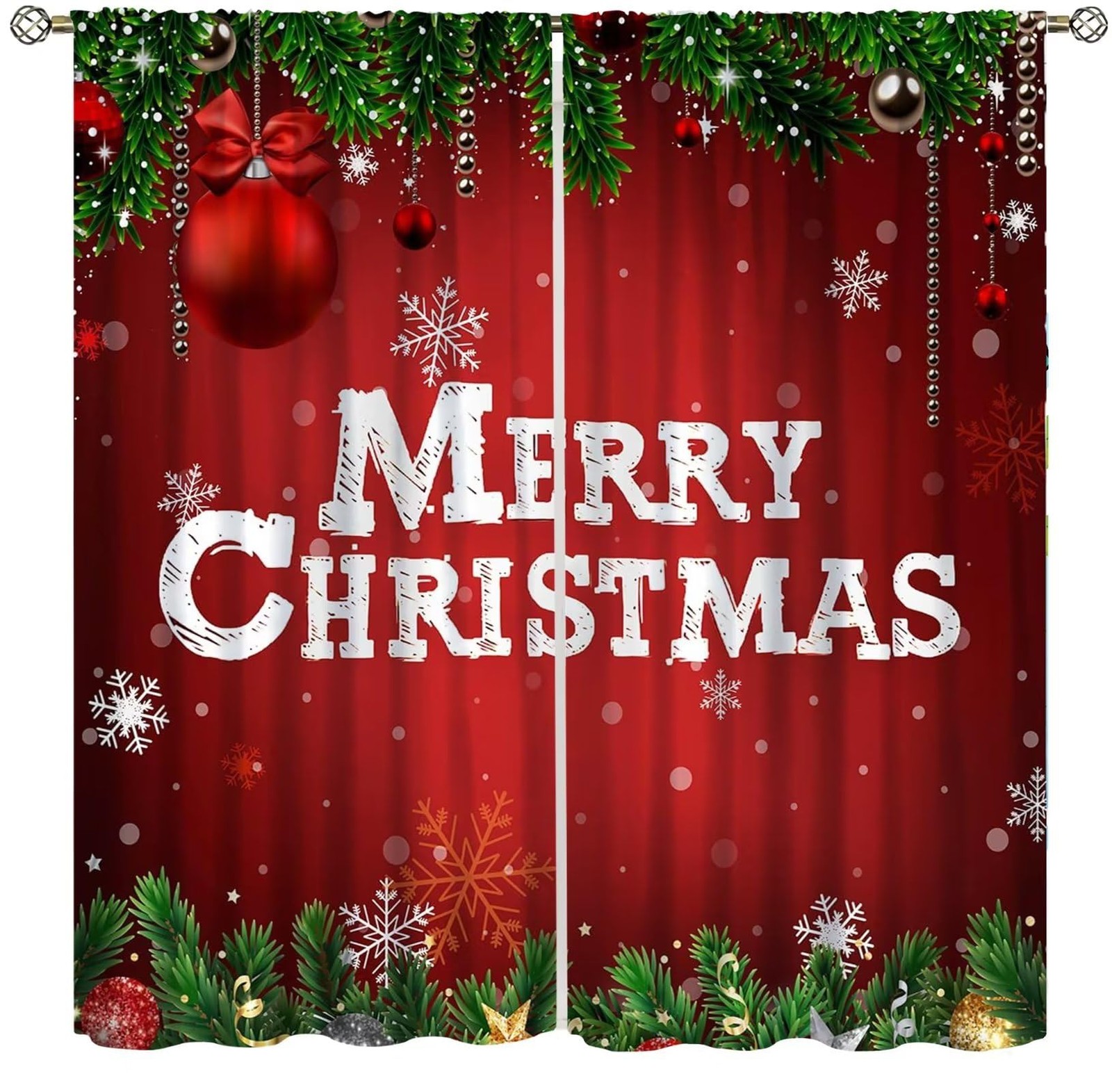 Red Christmas Curtains Balls with Pine Fir Tree Holiday Season Classic Art Pr…