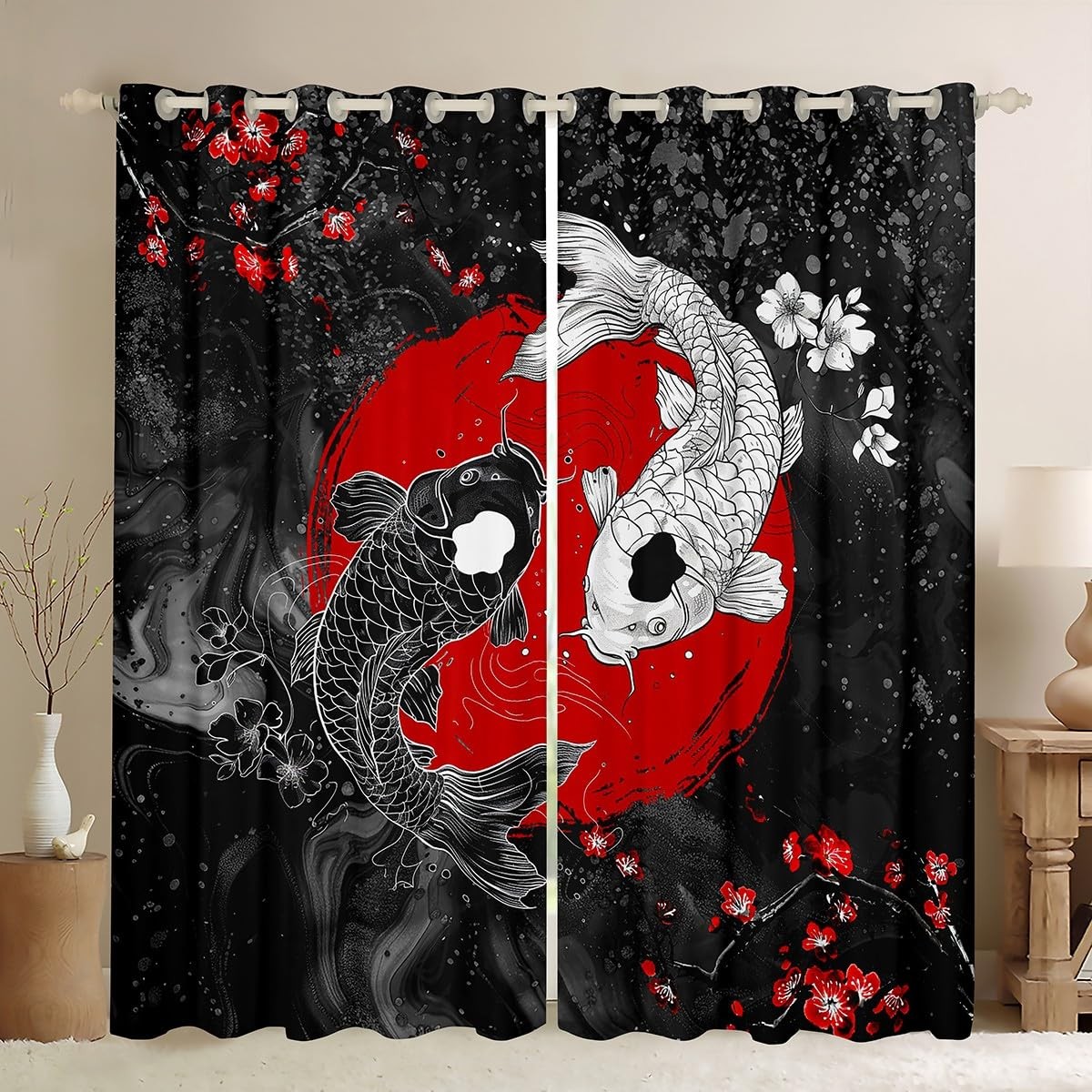 Japanese Koi Fish Curtains for Bedroom (2 Panels, 42 x 90 Inch) Cherry Blosso…