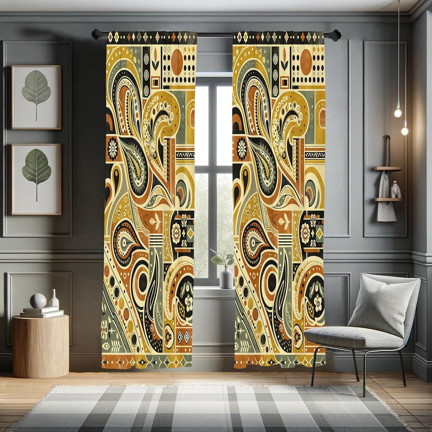 Bohemian Curtains, Ethnic Pattern with Paisley Forms and Botanical Details Grung