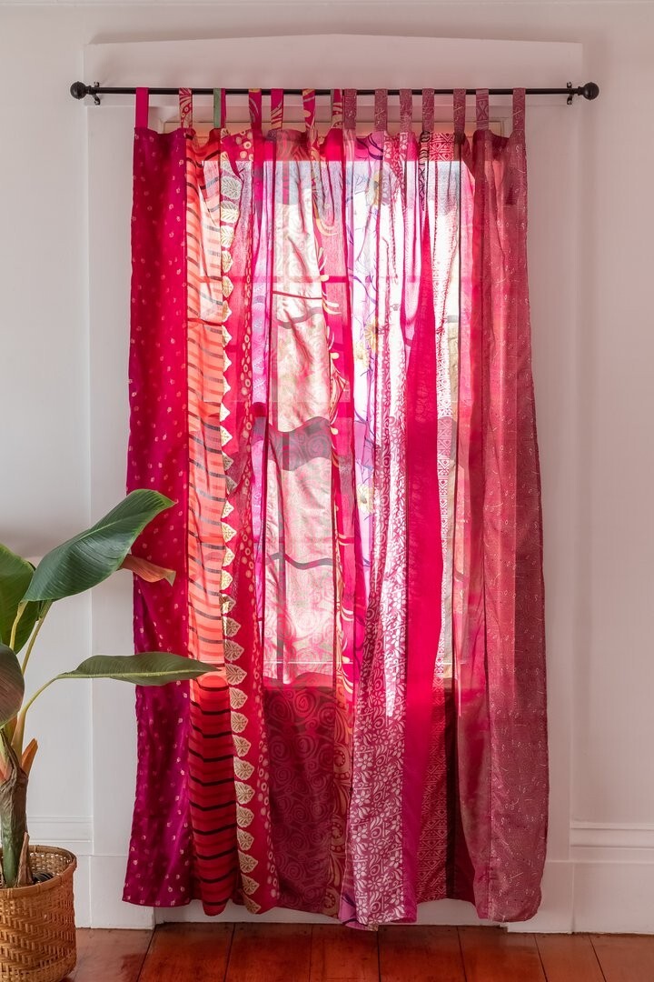 2 Pcs Indian Silk Sari Patchwork Drape Handmade Window Decor Boho Curtains