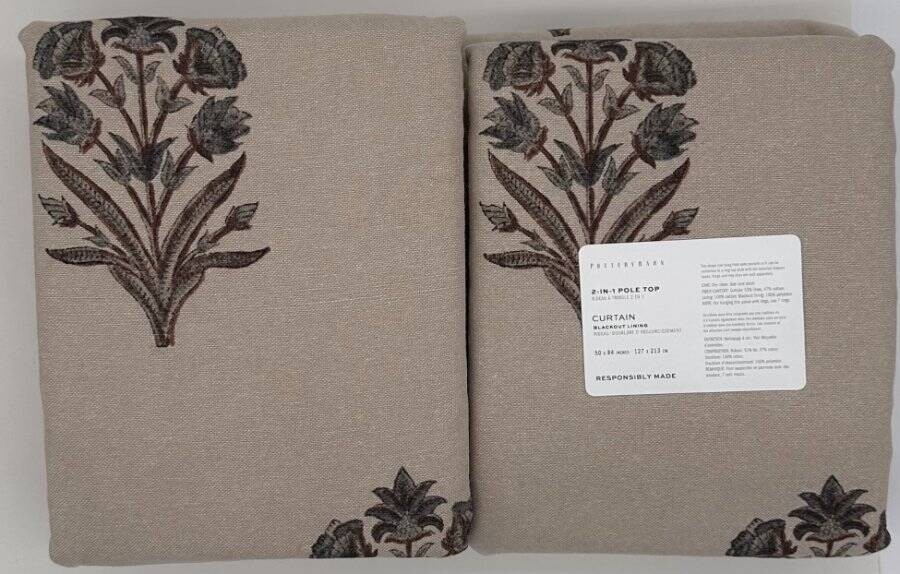 Pottery Barn Elinor Floral Mughal BLACKOUT Drape Curtain (2) 50 x 84 Blue / Flax