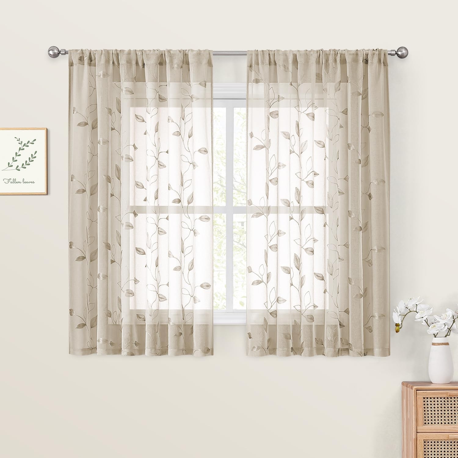 Taupe Sheer Kitchen Curtains 52 x 45 Inch Length 2 Panels Beige Embroidered L…