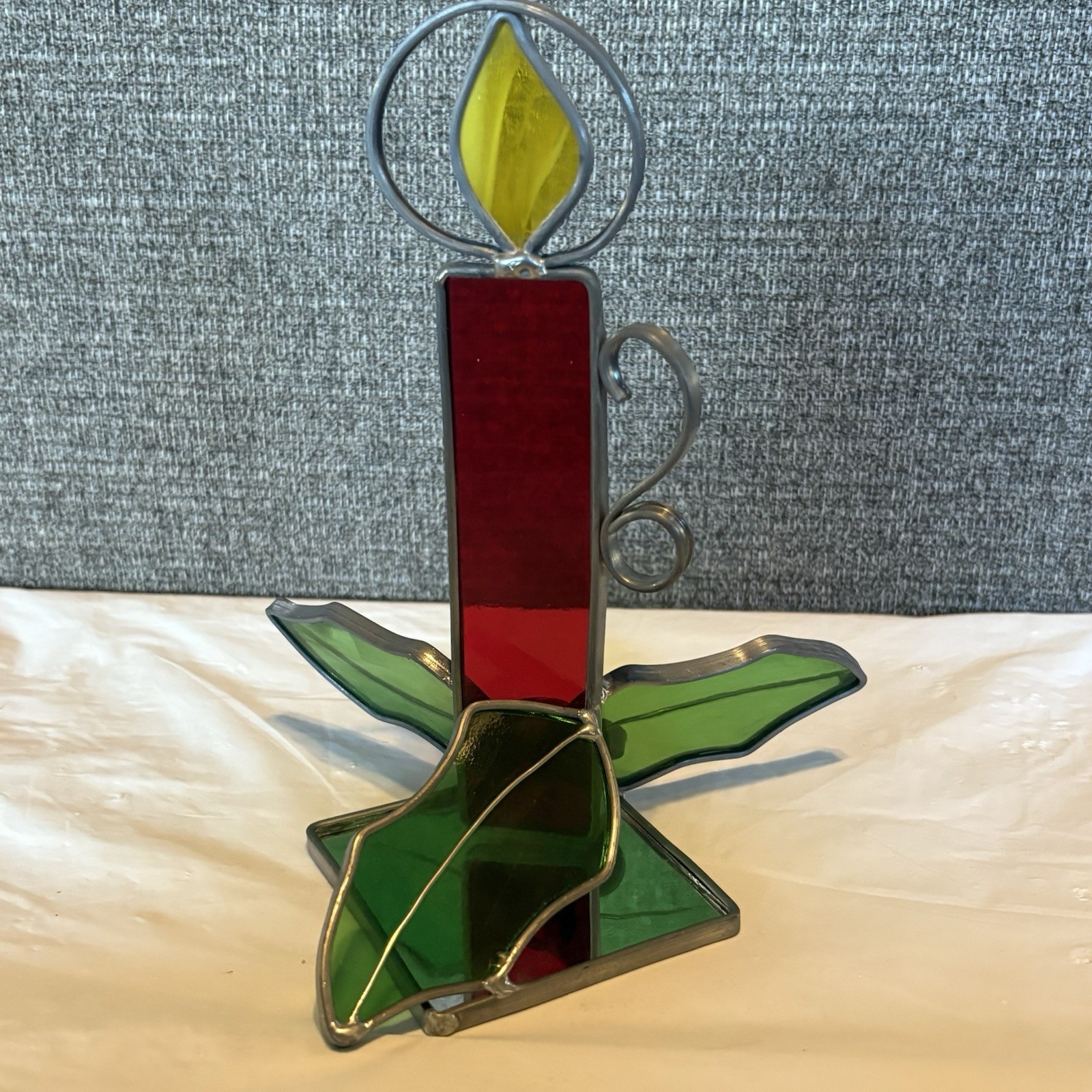 Christmas Candle Holiday Tabletop Stained Glass Art Piece Decor Red Green Silver