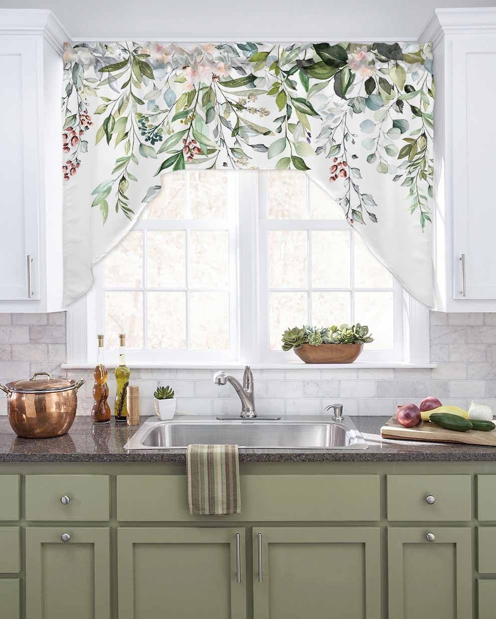 Spring Floral Swag Valances for Kitchen Window, Eucalyptus Leaves Flowers Sma…