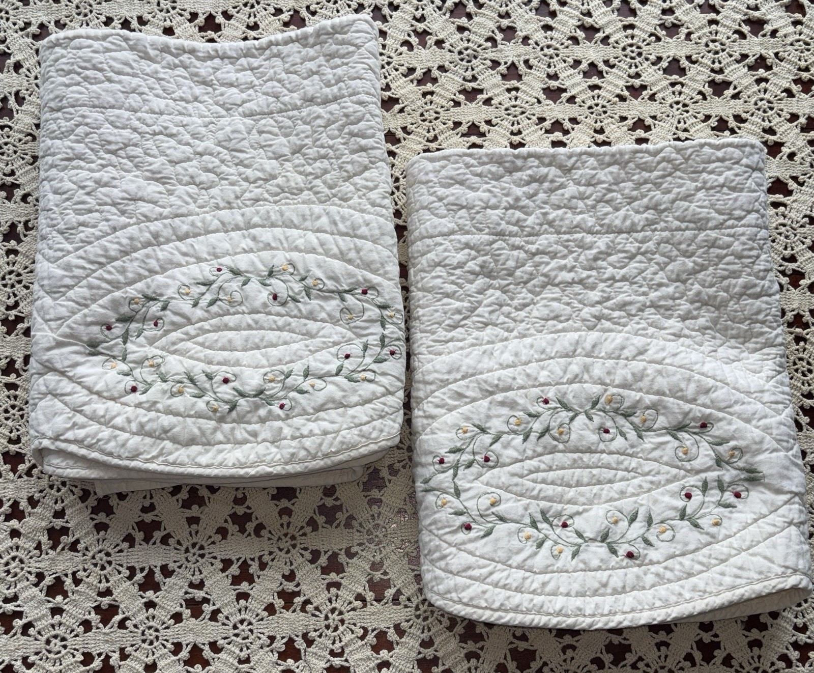 Scalloped Quilt Window Valances 65″x14″ ea Embroidered Floral Vine Motif 1 Pr