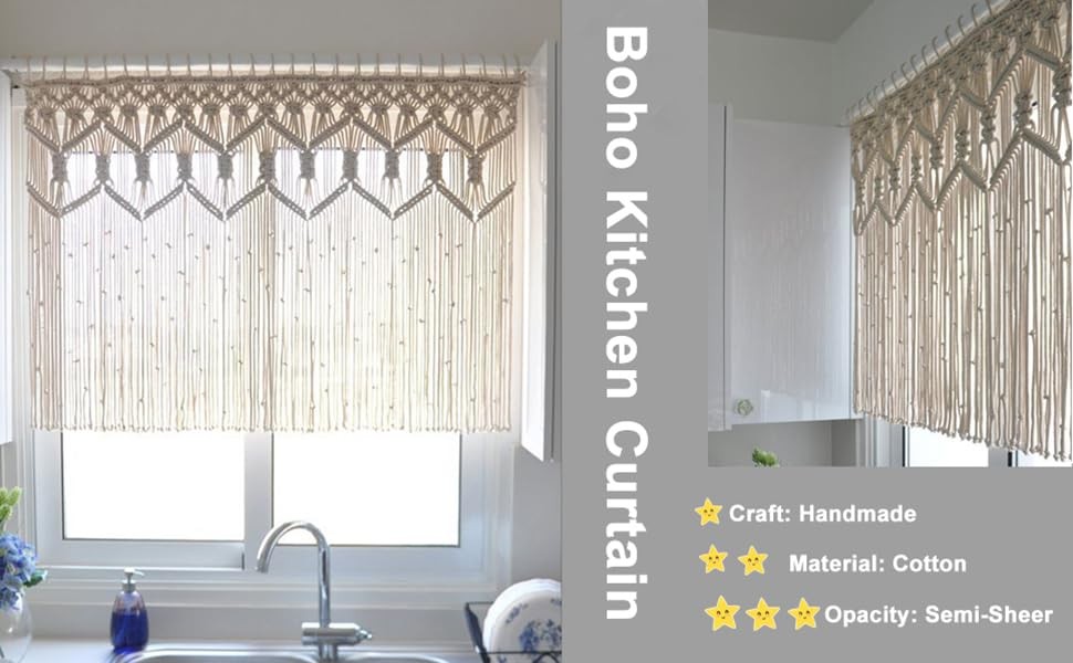 Boho Macrame Textured Cotton Valance – Kitchen Window Curtains & Wall Decor –