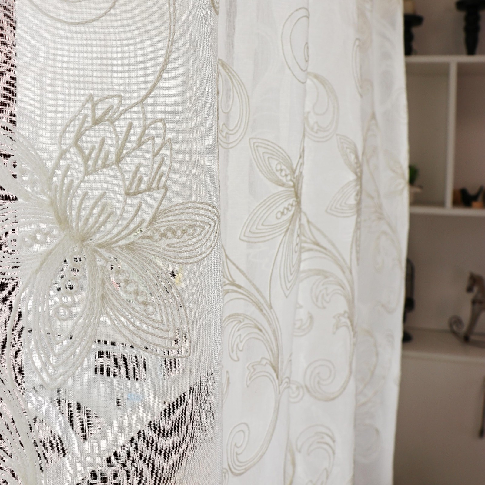 Set of 2 Panels White Lotus Floral Sheer Curtains Modern Semi Sheer Embroider…