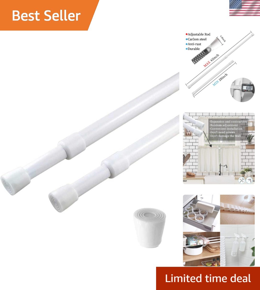 Multi-Purpose 28-43″ Adjustable Curtain Tension Rods – Perfect for Any Room