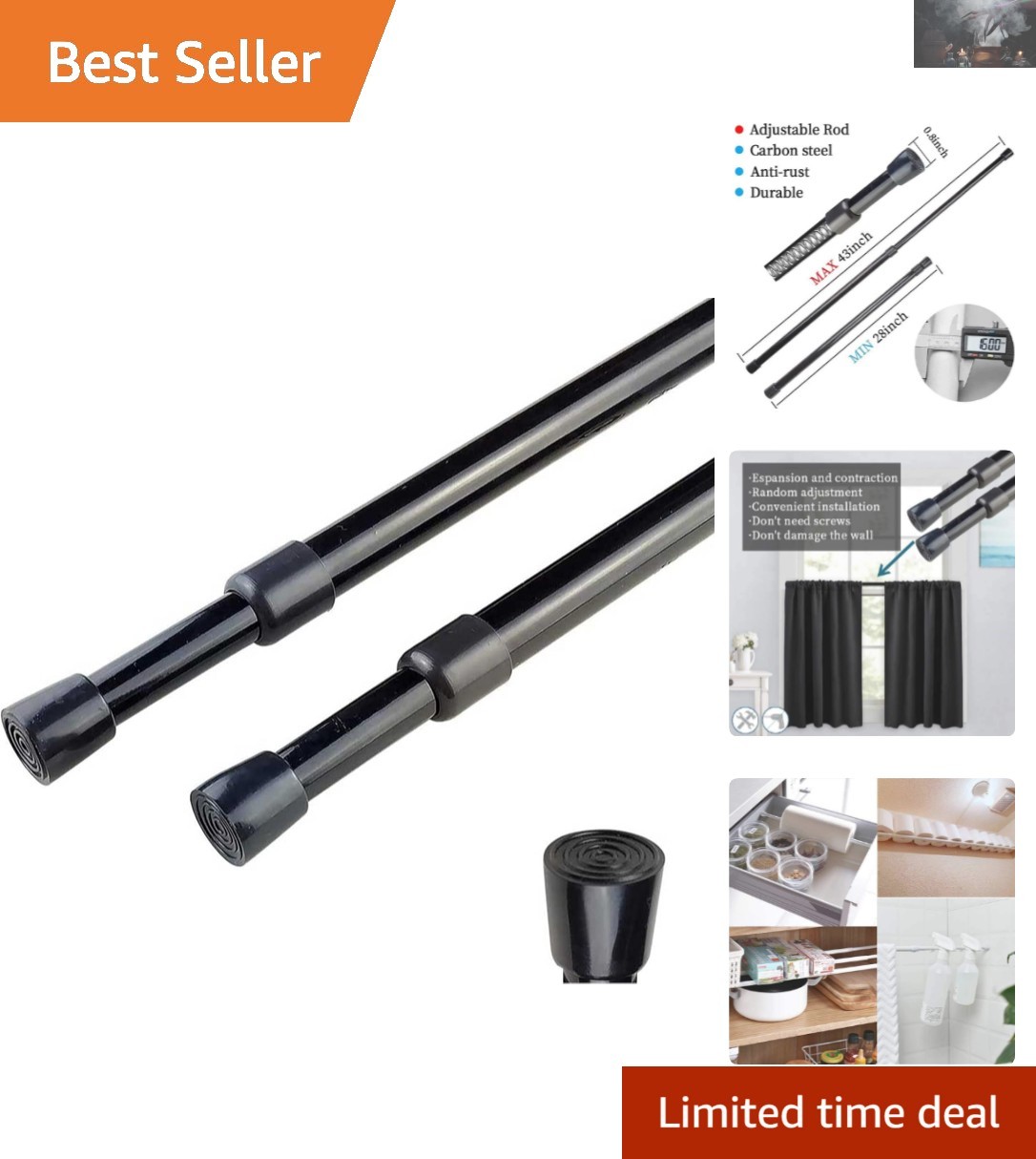 Sturdy Non-Slip Black Curtain Tension Rods, 28-43 Inches Mounting Solution