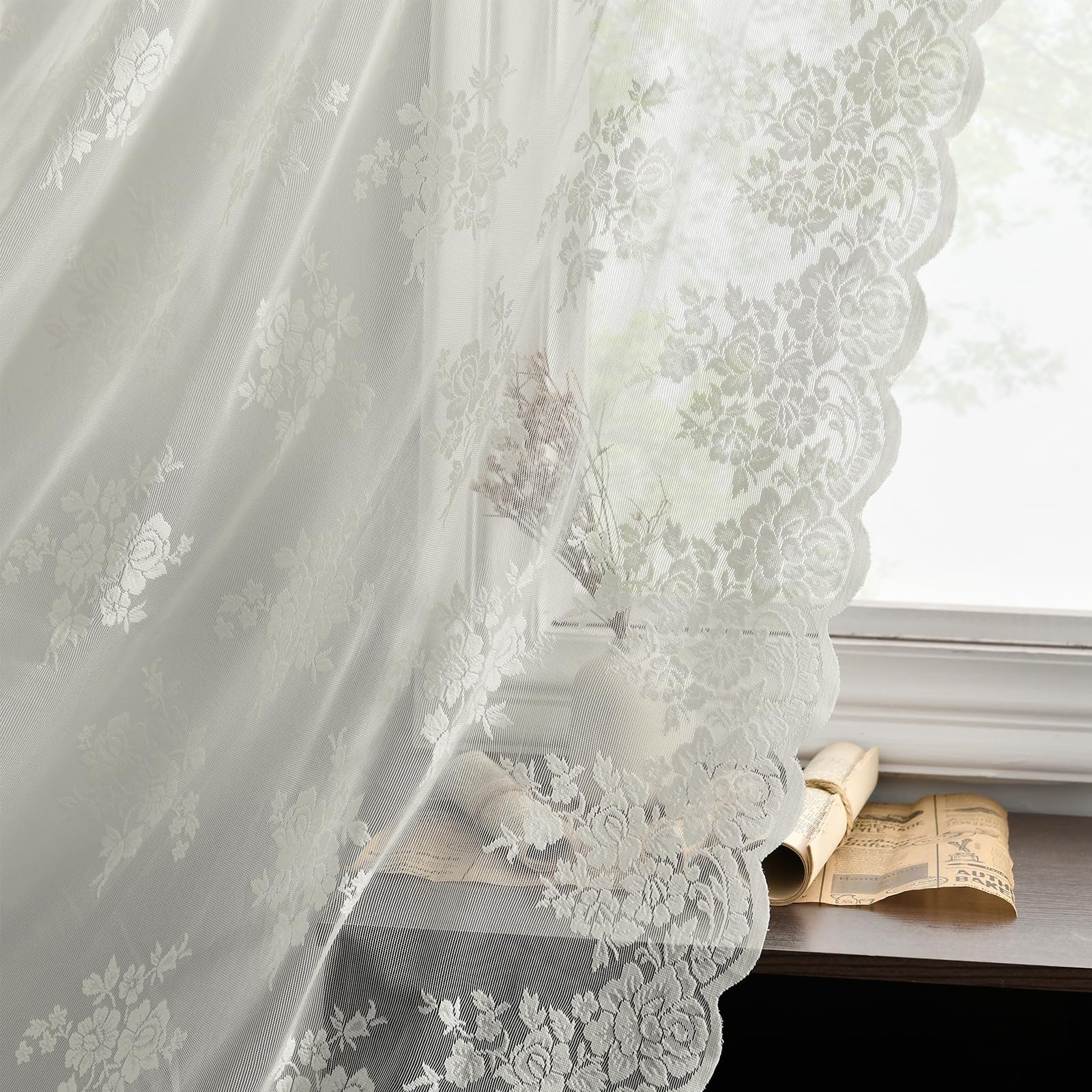 Kotile Ivory Lace Curtains 36 Inch Length 2 Panels, Country Rustic Floral Lac…