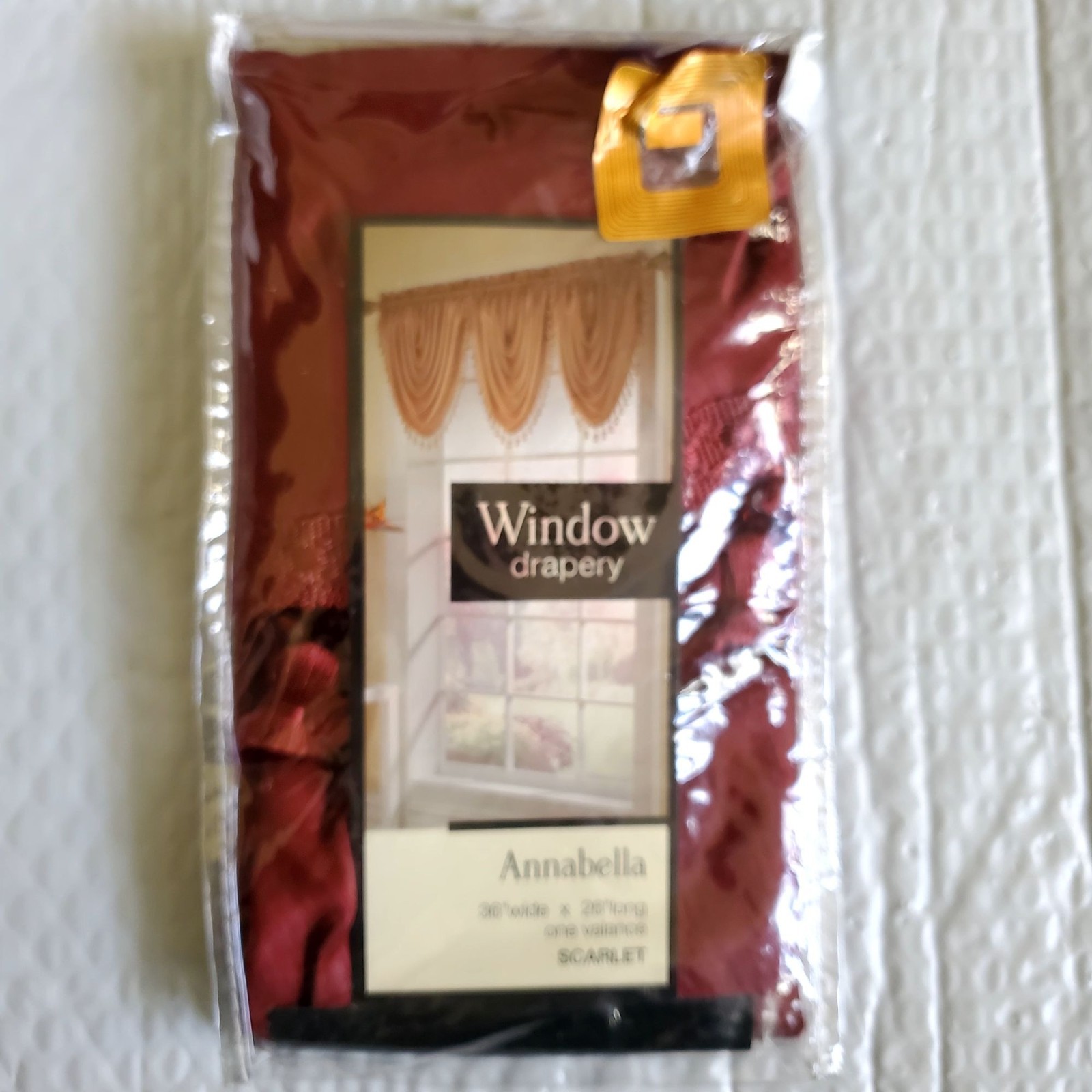 NWT Vtg AnnaBella 36Wx26″ SCARLET Waterfall Valance Beads, Pompom Fringe Sateen