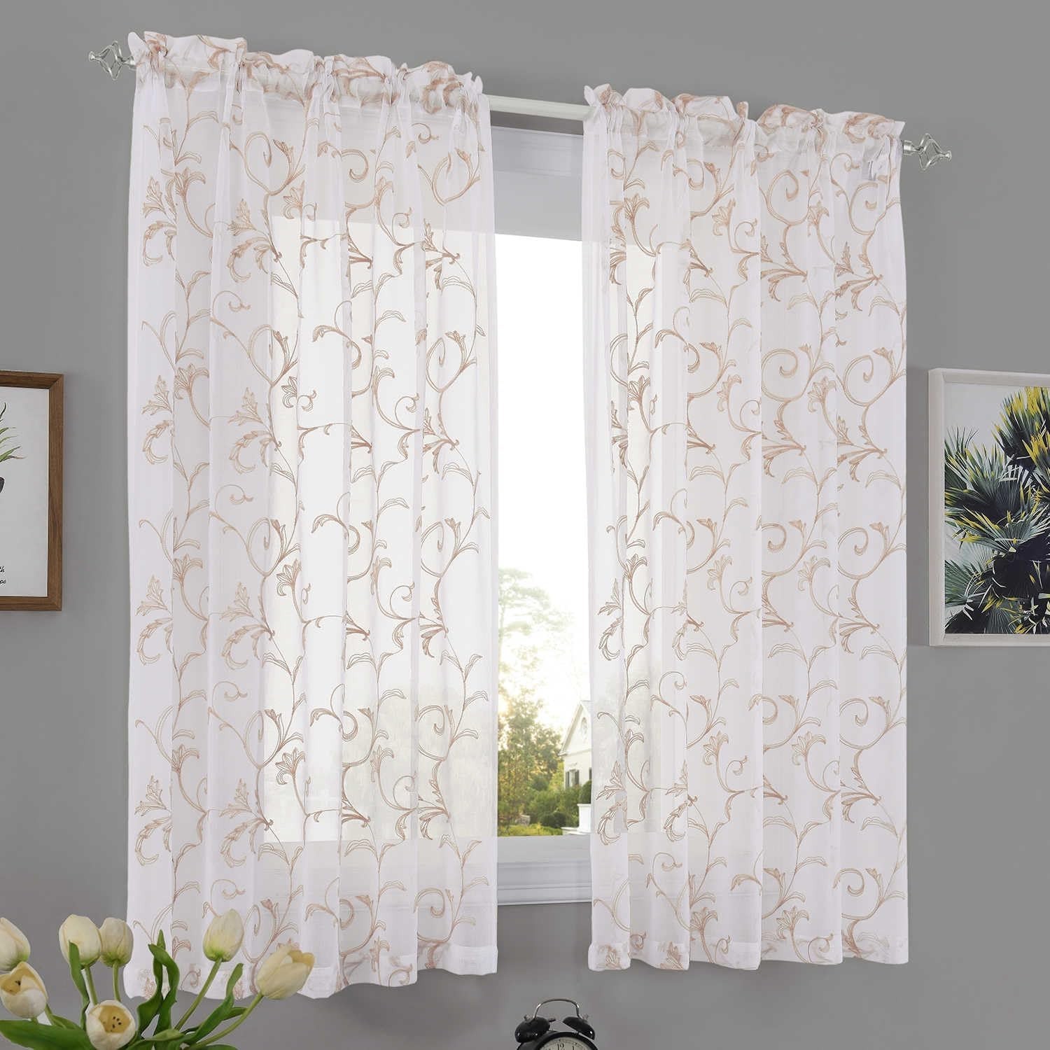 Vintage Floral Embroidery Sheer Curtains 45 Inch Length – Romantic Window Drapes