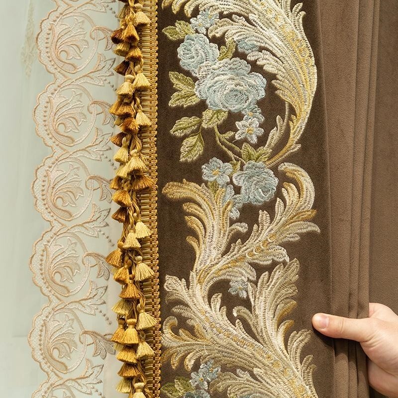 Custom American Vintage Brown Velvet Embroidery cloth curtain tulle drape C2140