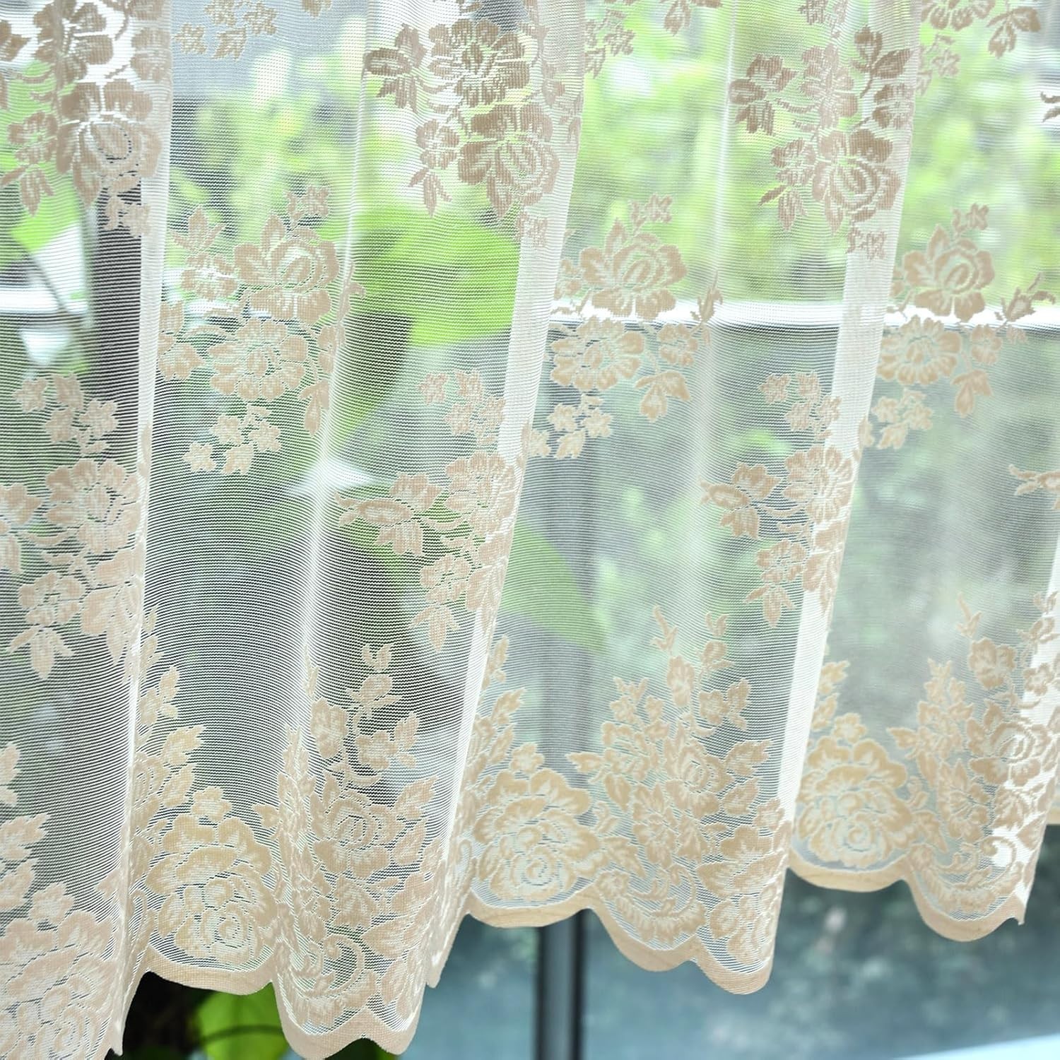 Machine Washable Beige Floral Sheer Valance Curtain – 1 Panel, 52″ x 18″