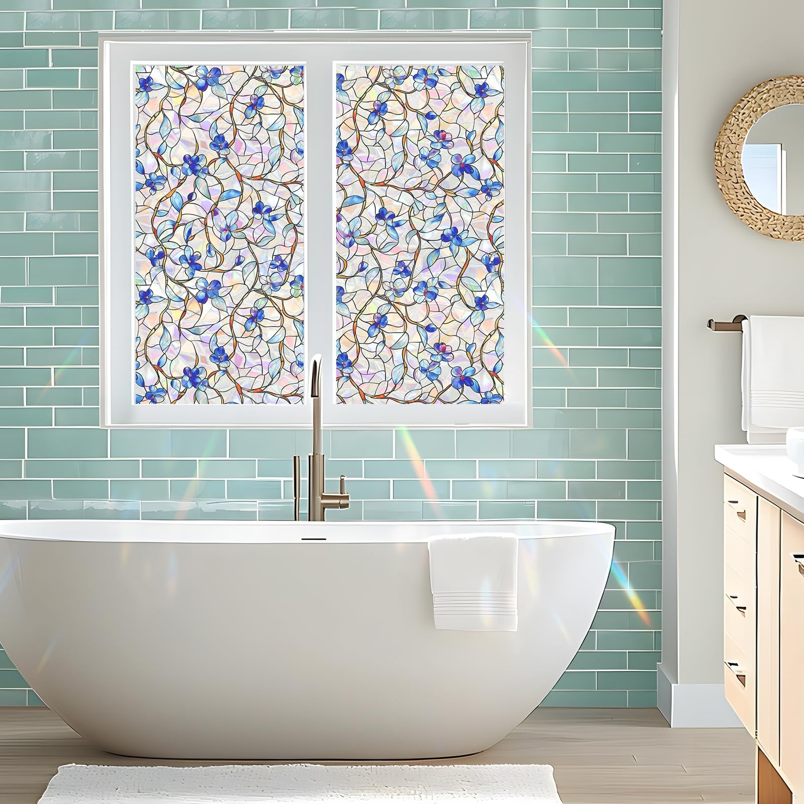Window Privacy Film Stained Glass Decorative Static Clings Rainbow Window Tin