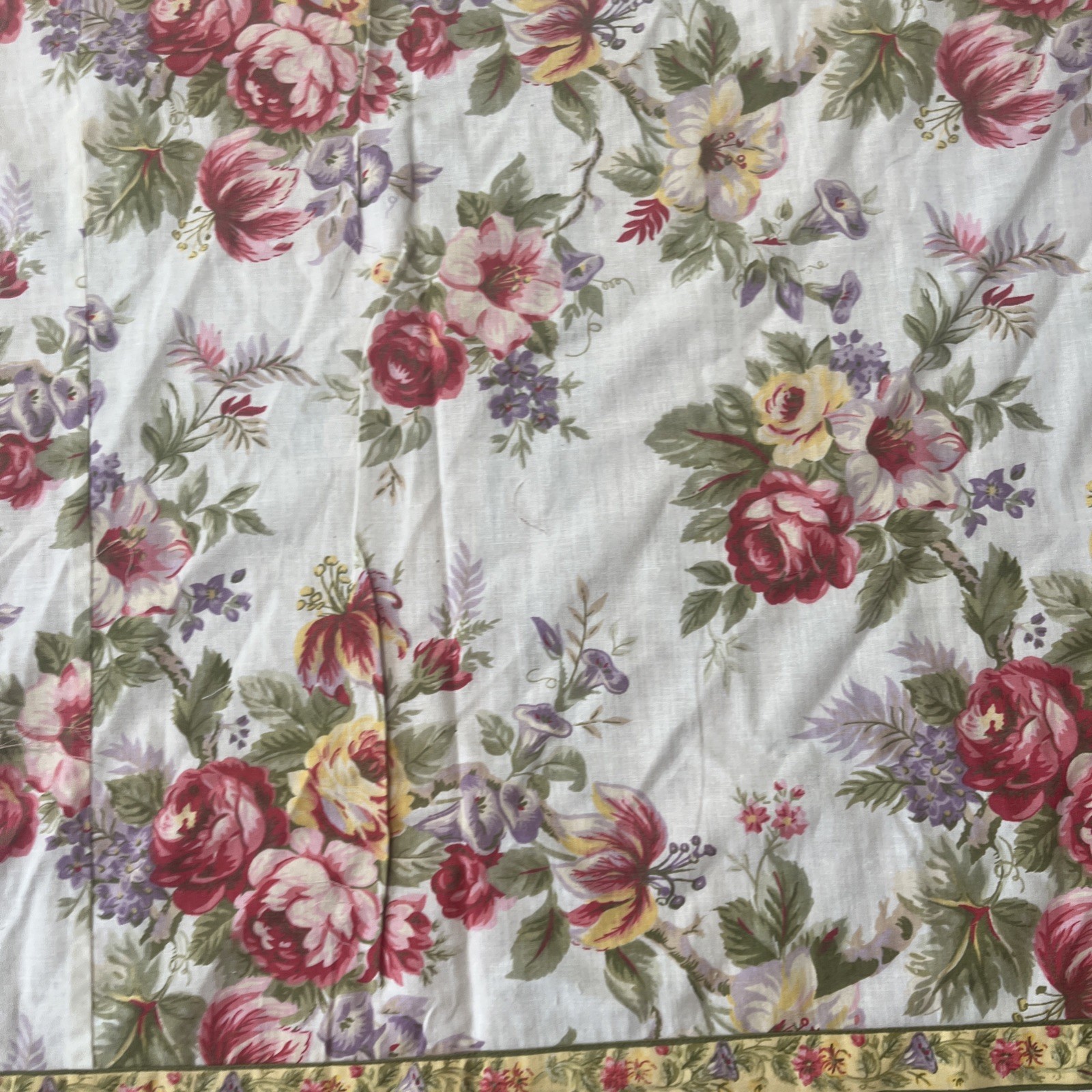 April Cornell Cabbage Rose Curtain Fabric Ties Top Pink Yellow Purple Floral