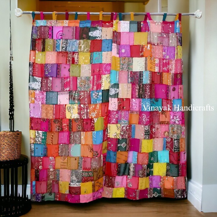 Indian Sari Patchwork Curtain Drape Window Decor Blackout Silk Sari Curtain 2 PC