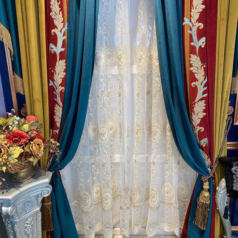 Custom luxury French high-end velvet blue red cloth curtain valance drape C1043