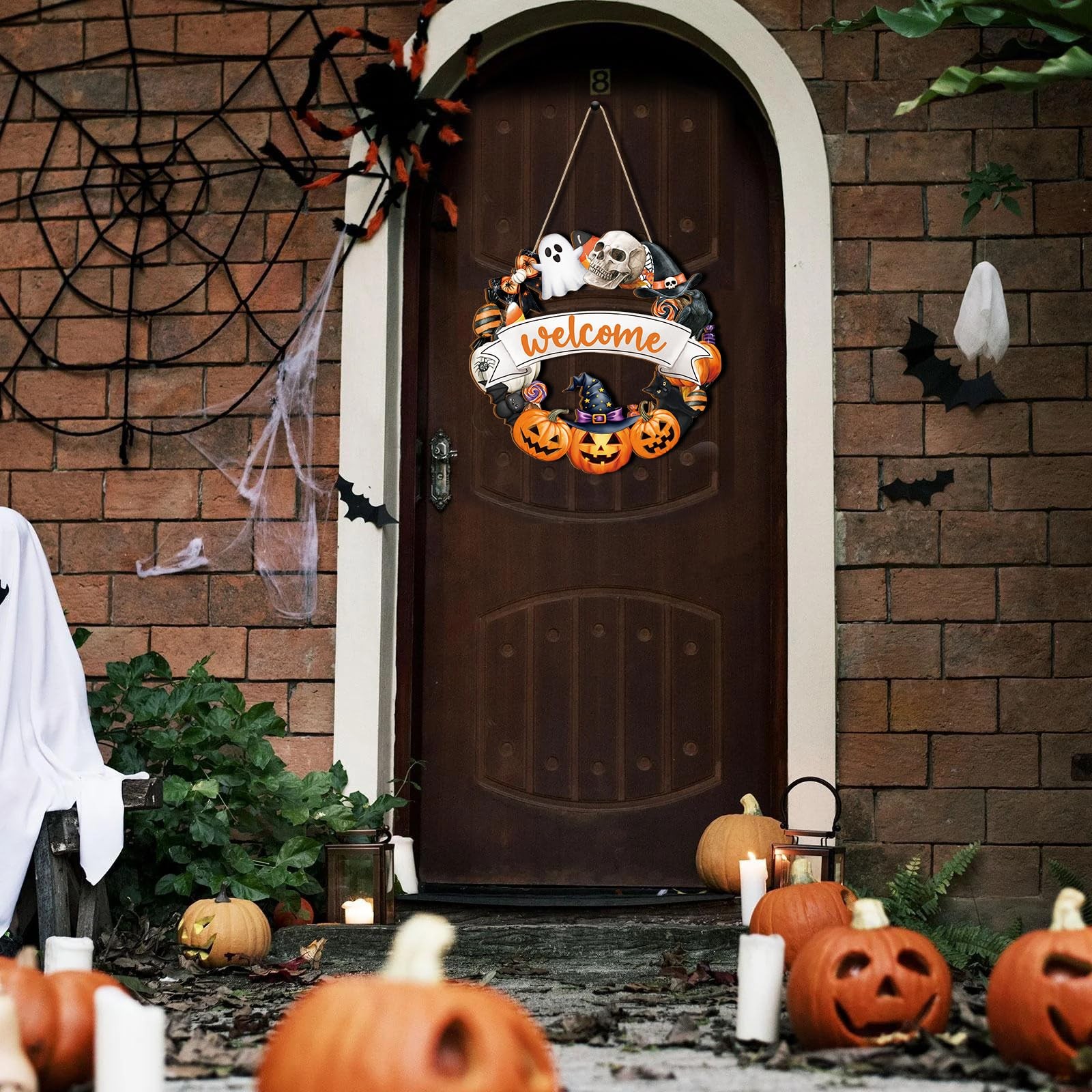Halloween Decoration Wooden Ghost Door Wreath for Front Large, Orange