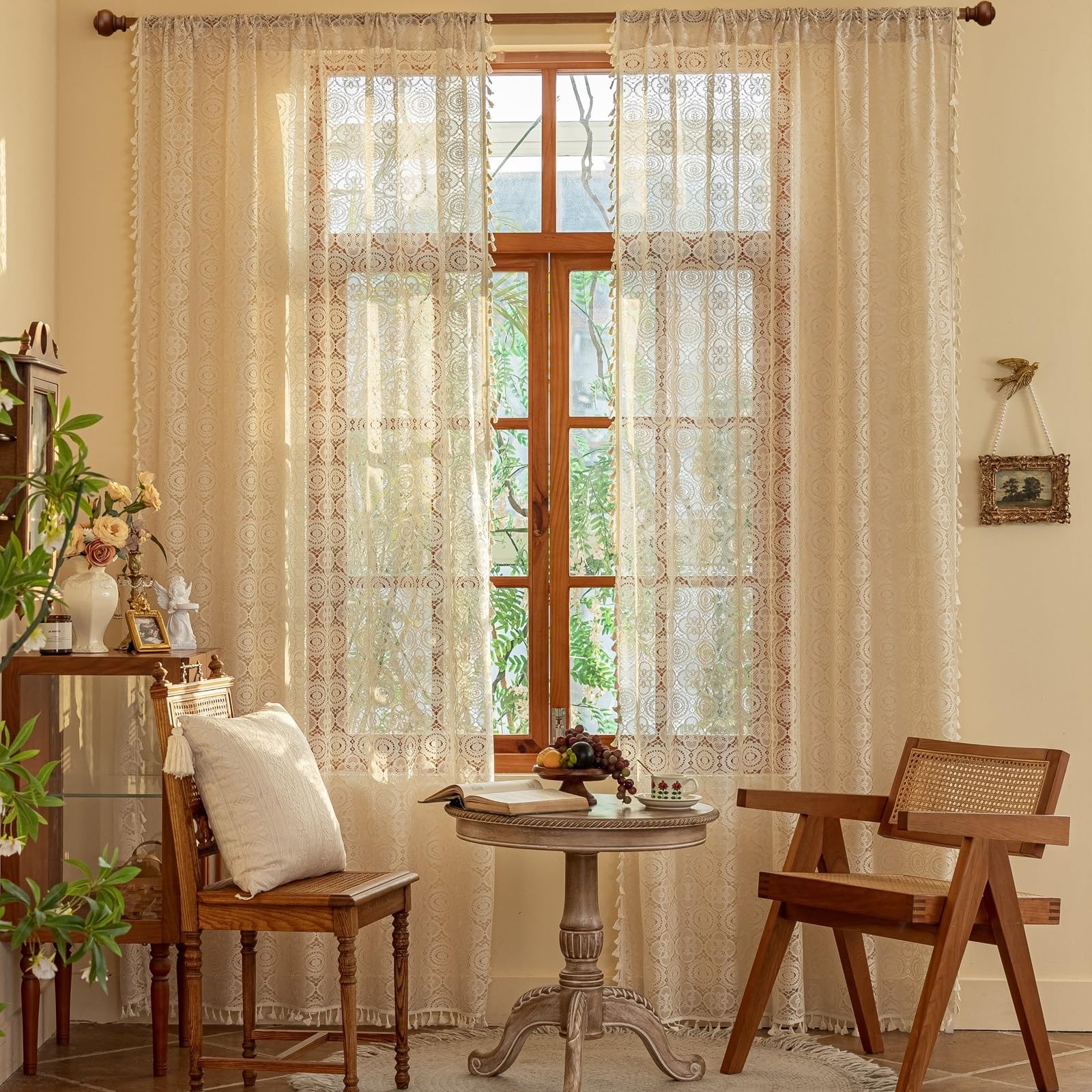 Boho Lace Curtains 84 Inches Long 2 Panels Retro 59″W x 84″L (Pack of 2) Beige