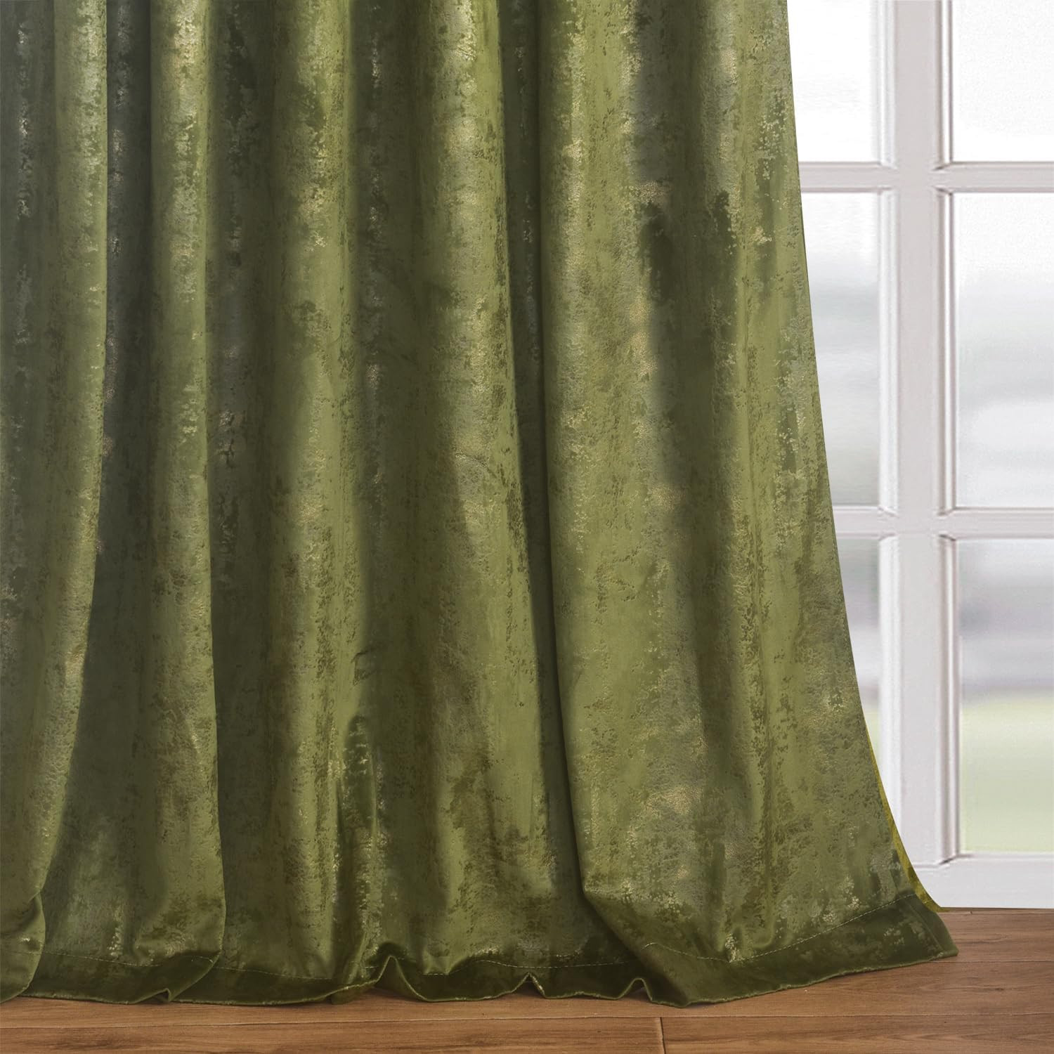 Luxury Gold Foil Print Moss Green Velvet Curtains 63 Inches Long Rod