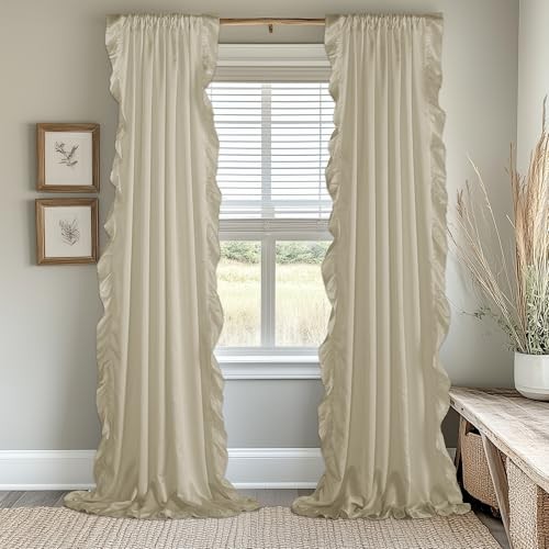 Vintage Ruffle Curtains for Bedroom, 52″W x 84″L (Pack of 2) Beige curtains