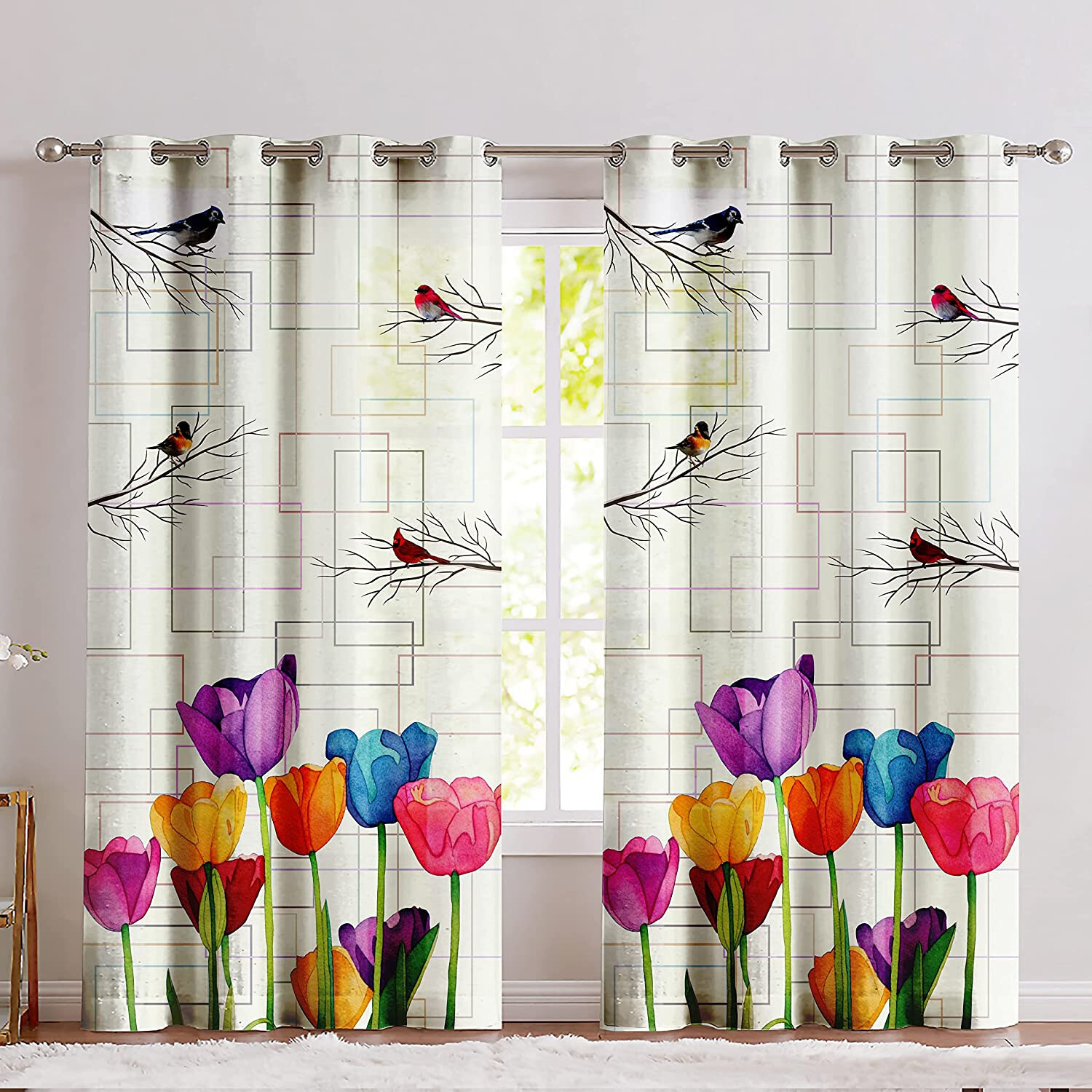 Printed Door Curtain for Living Room PACK of 2 C35 Bird – Flower Design 7 FEET