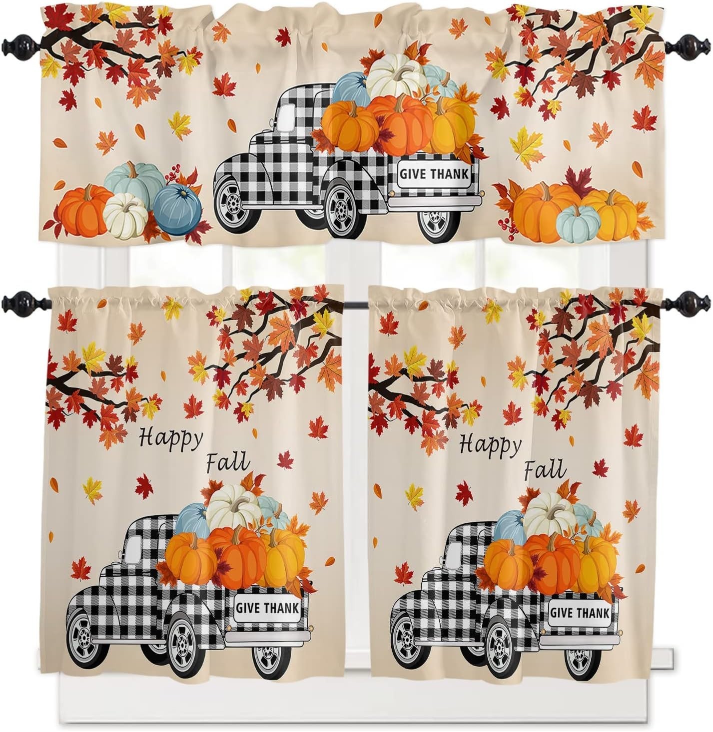 3 Piece Autumn Fall Pumpkin Valance w/Tiers Curtains Plaid Truck 27″W X 36″L New