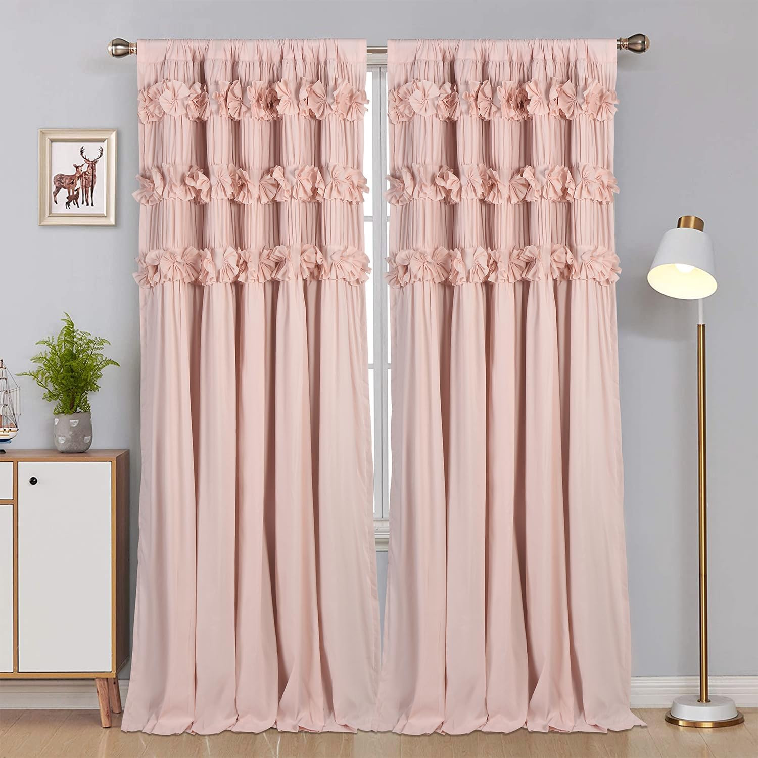 Luxurious Peach Pink Blackout Curtains with Butterfly Ruffles, 2 Panels