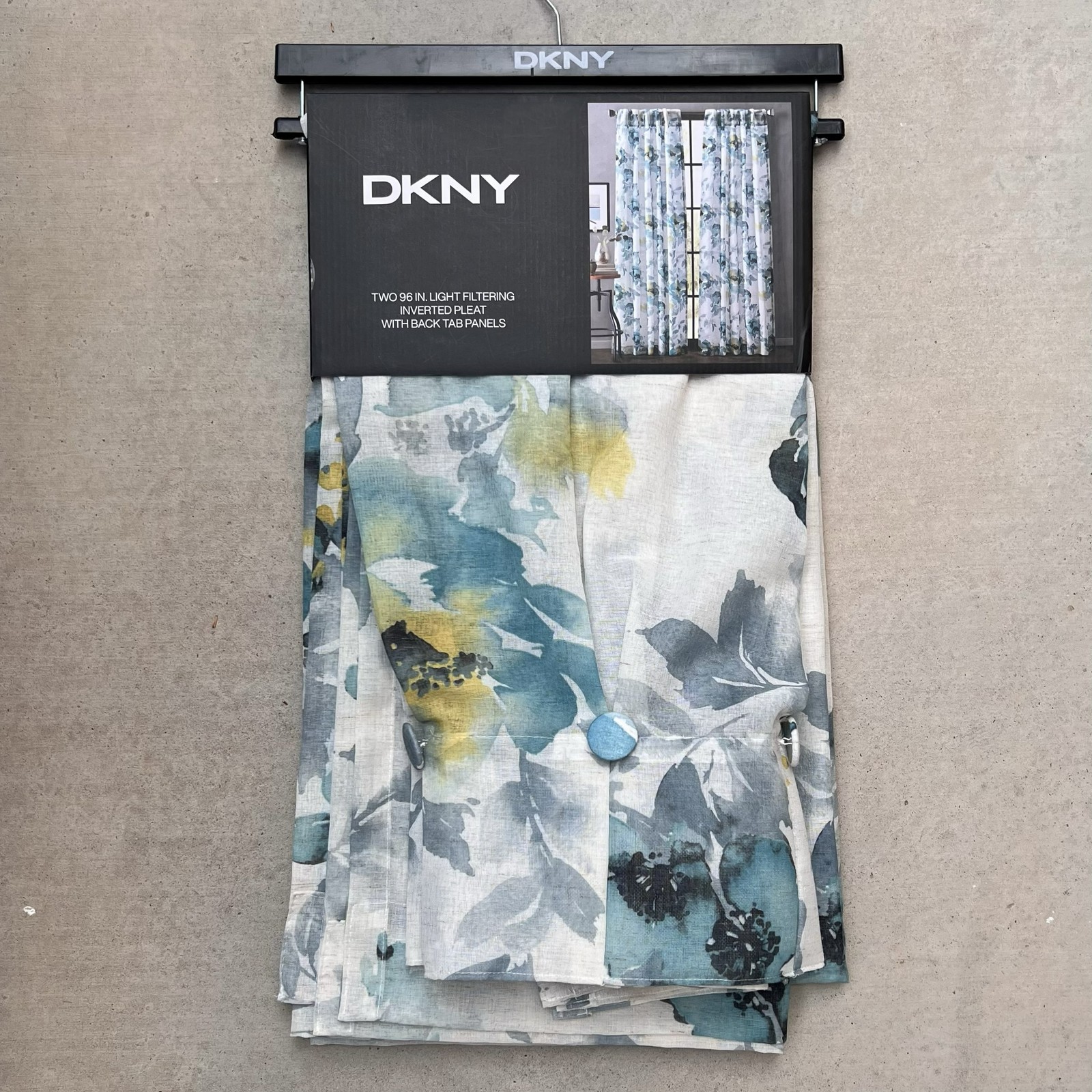 DKNY 32×96 Aquarelle Inverted Pleat Curtains Green Yellow Floral Flowers Buttons