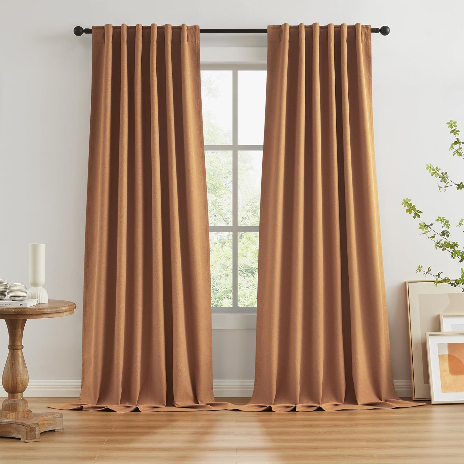 Burnt Orange Blackout Linen Curtains, 2 Panels, 50″W x 108″L, Farmhouse Style