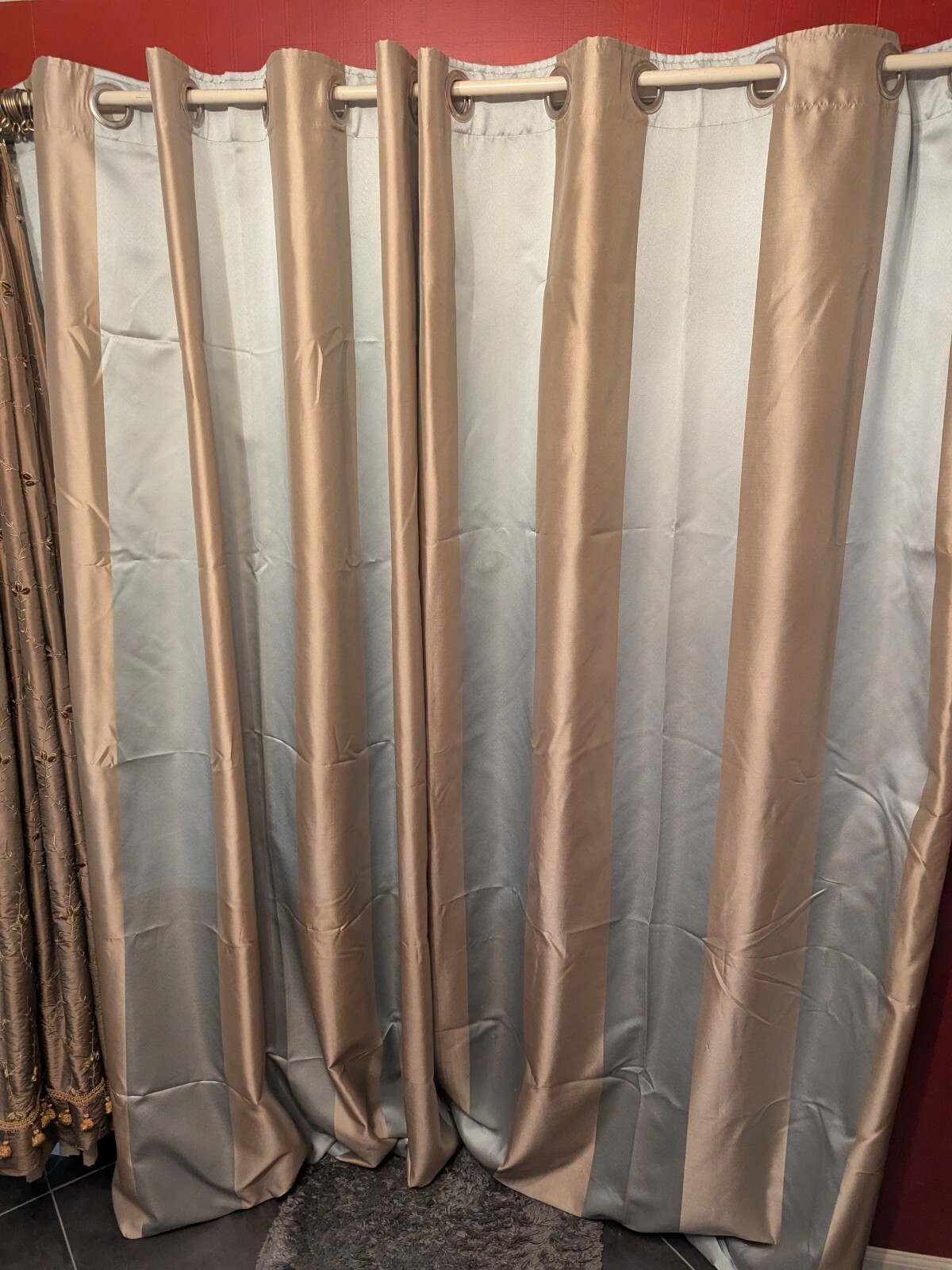 Draperies Lined Grommet Top Pastel Blue and Light Taupe Gold 2 Panels 50 x 105