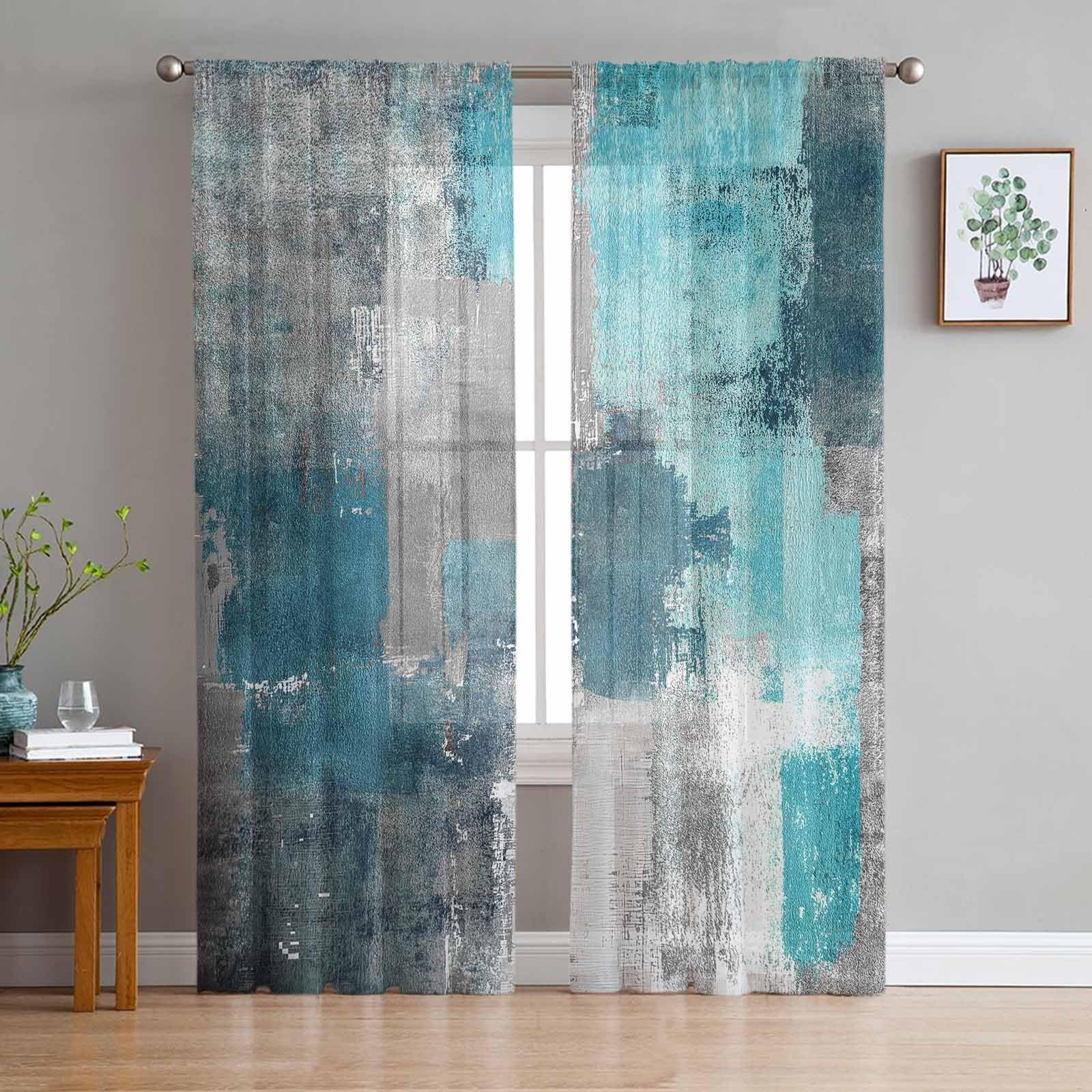 Turquoise Blue Grey Sheer Curtains 72 Inch Length 2 Panels Set for Living Roo…