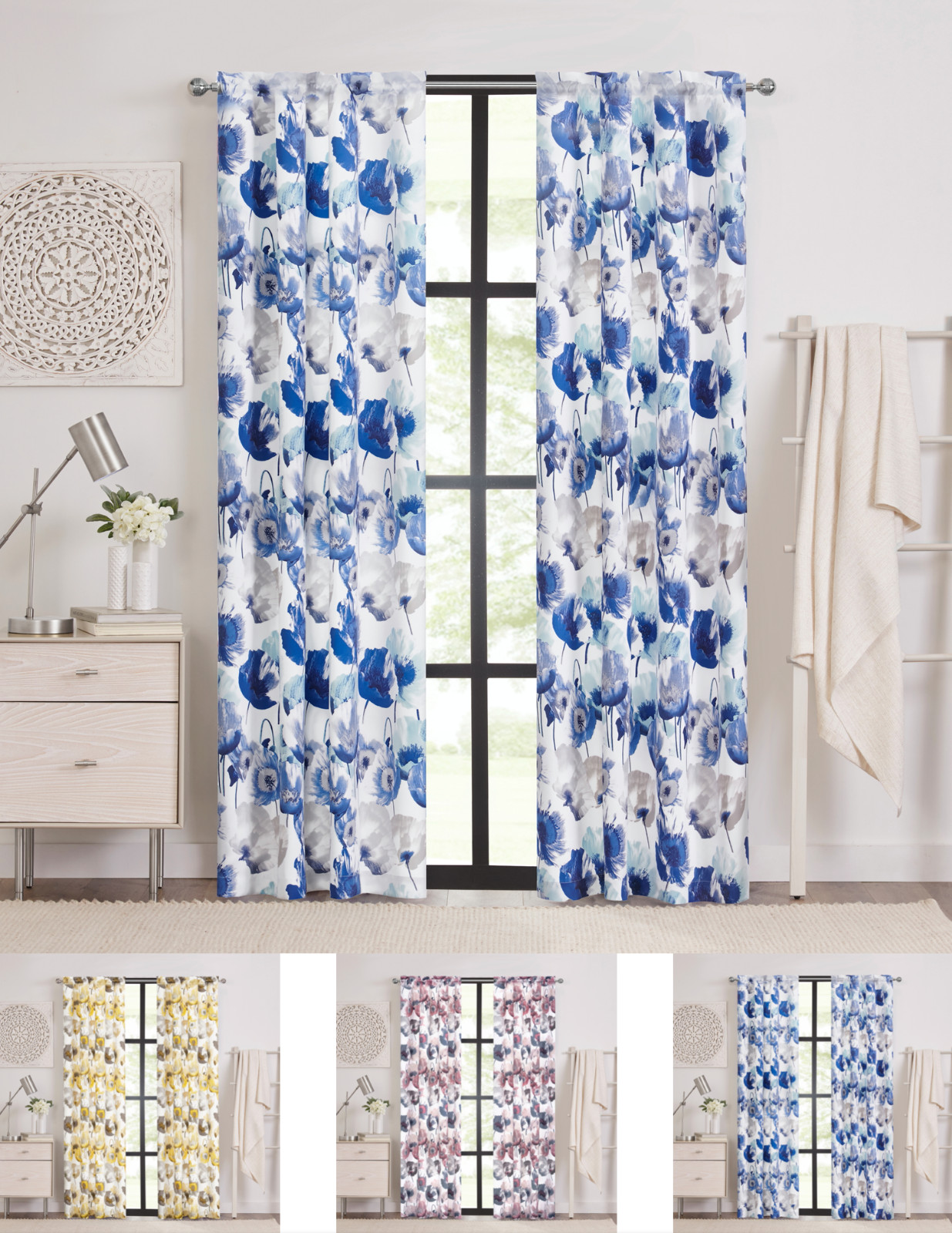 Kate Aurora Floral Water Color Rod Pocket Curtain – Assorted Colors & Sizes